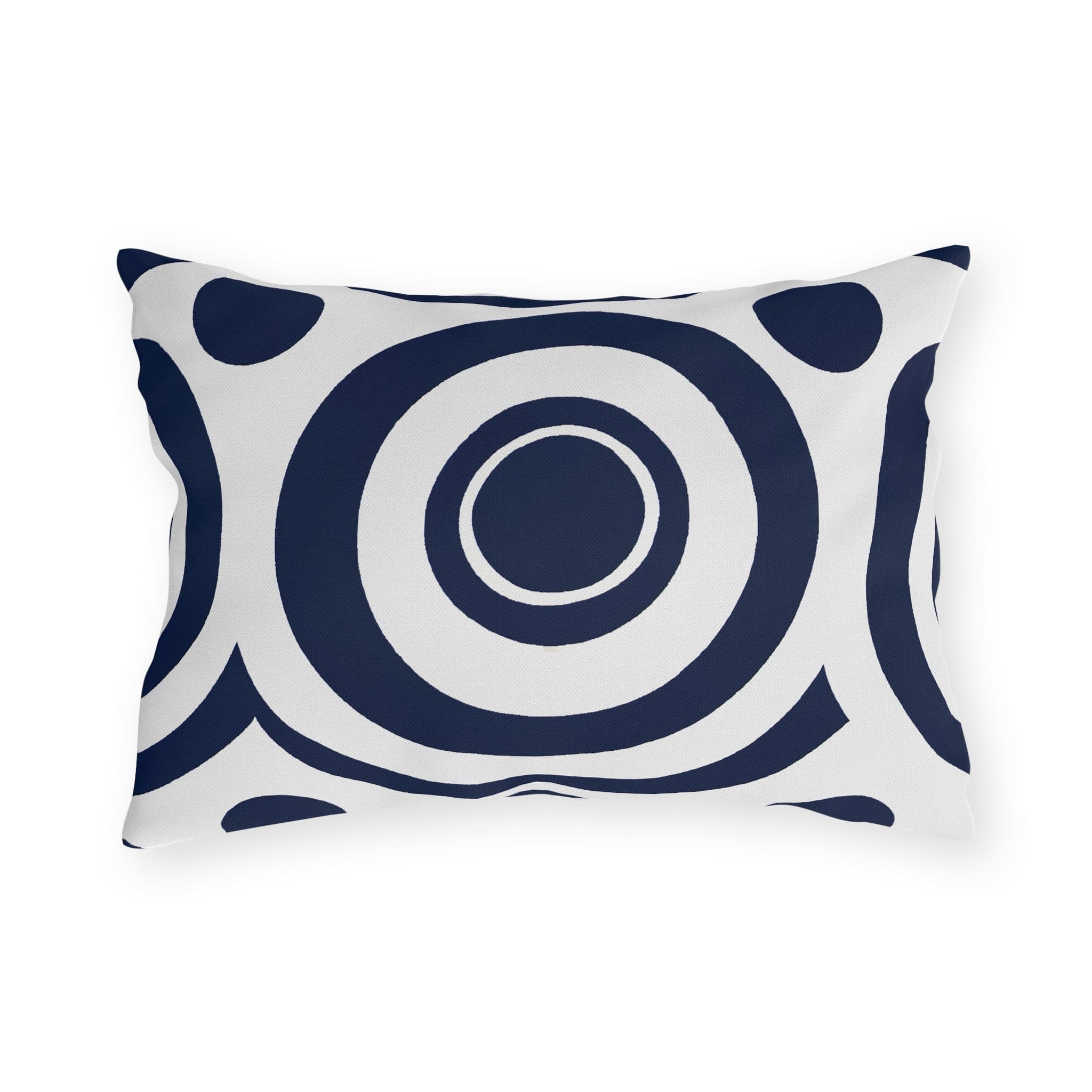 Navy blue and white circular decorative throw pillow designed for indoor and outdoor use, showcasing vibrant patterns and quality craftsmanship.