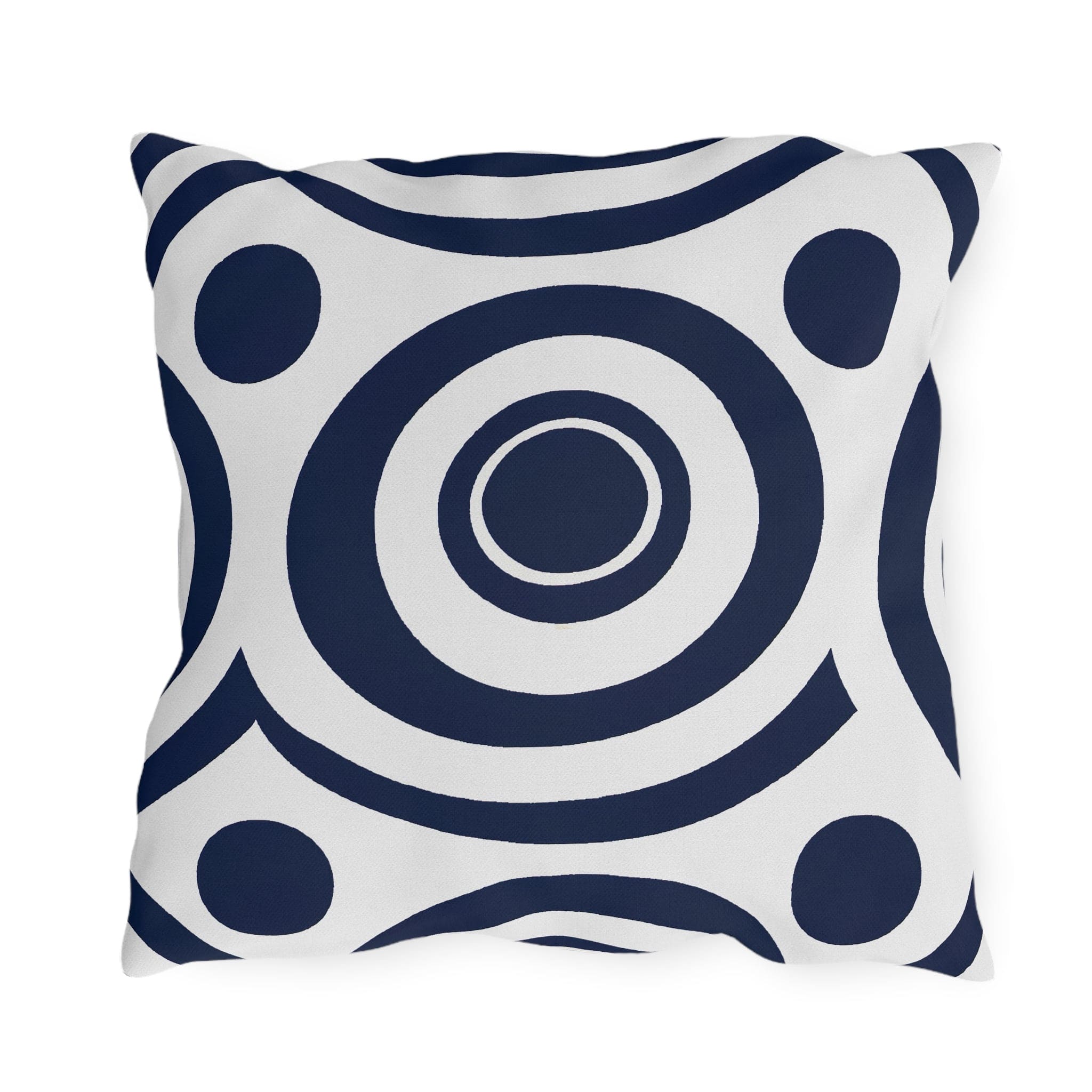 Navy blue and white circular decorative throw pillow designed for indoor and outdoor use, showcasing vibrant patterns and quality craftsmanship.