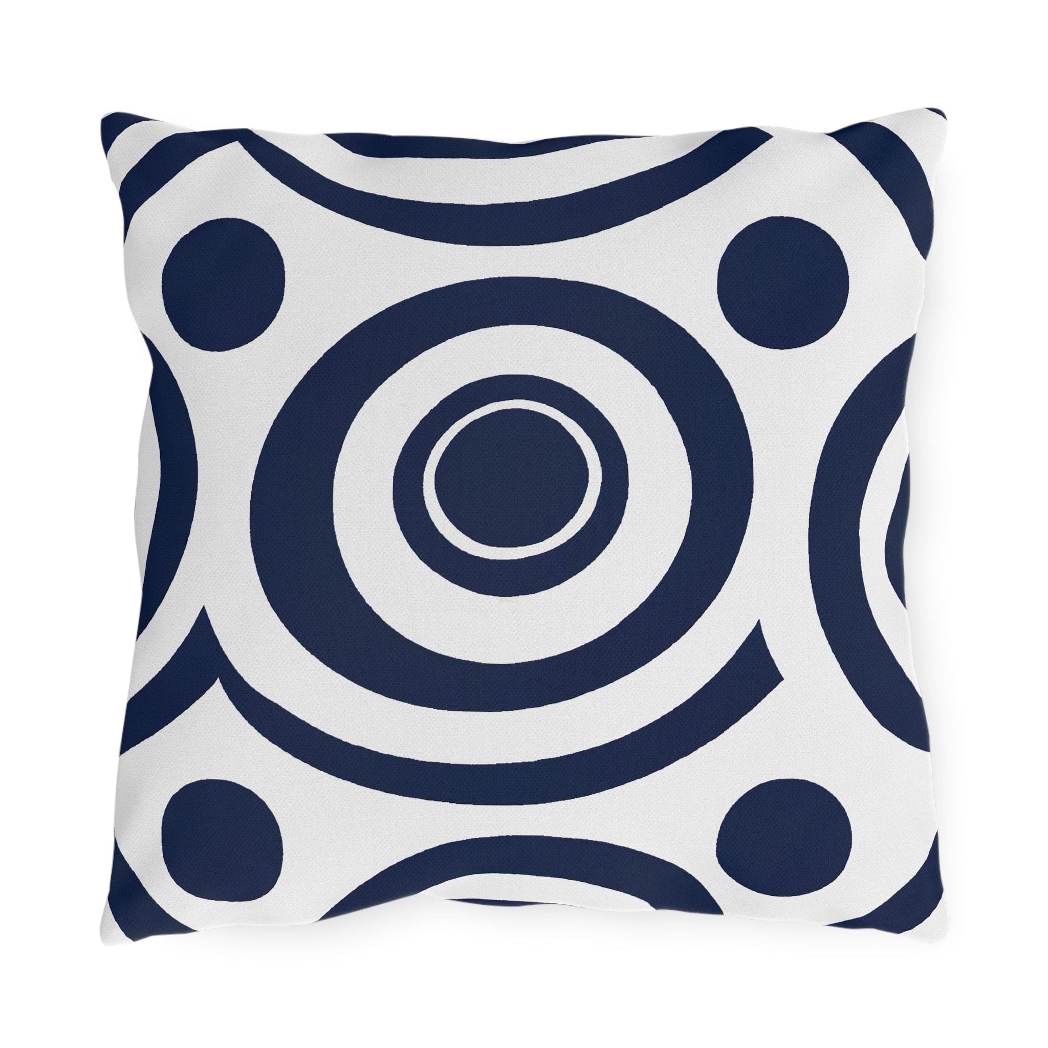 Navy blue and white circular decorative throw pillow designed for indoor and outdoor use, showcasing vibrant patterns and quality craftsmanship.