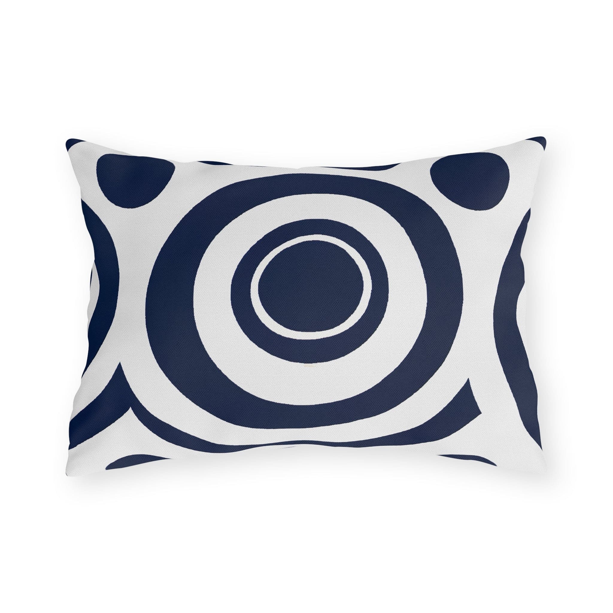 Navy blue and white circular decorative throw pillow designed for indoor and outdoor use, showcasing vibrant patterns and quality craftsmanship.