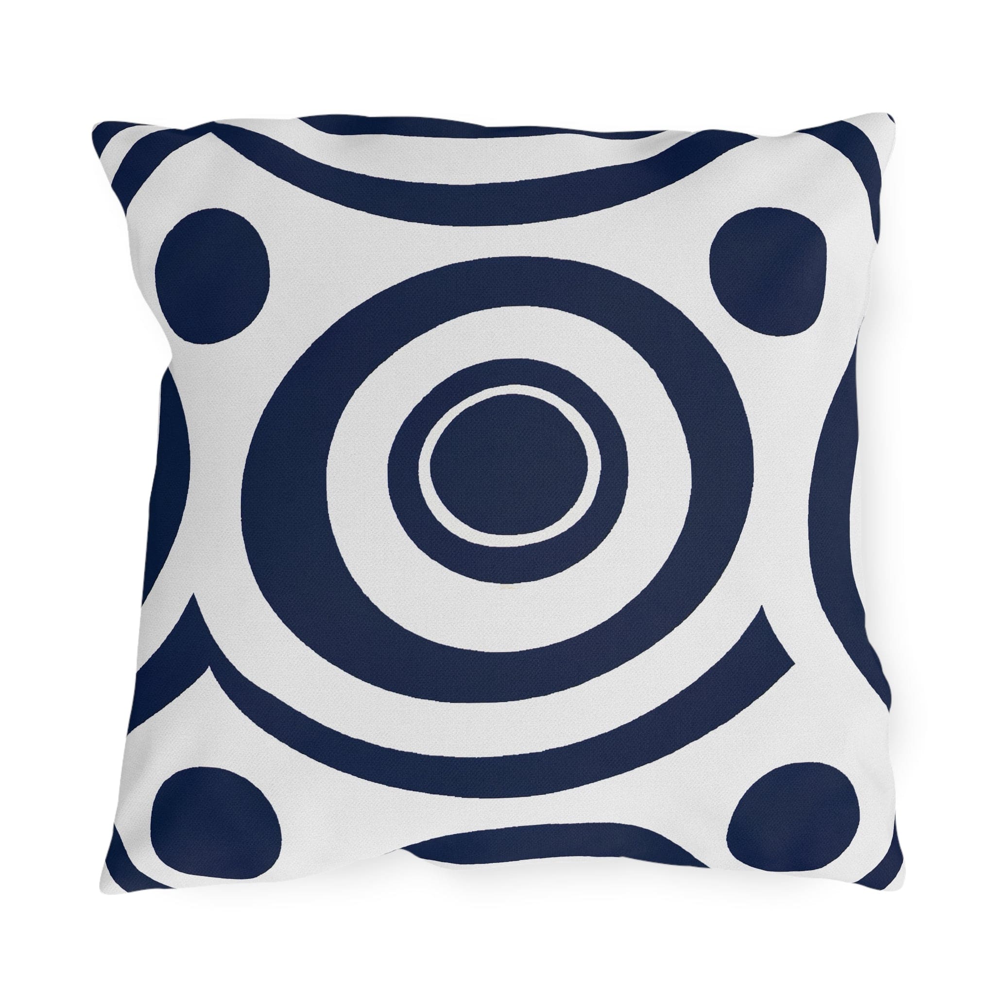 Navy blue and white circular decorative throw pillow designed for indoor and outdoor use, showcasing vibrant patterns and quality craftsmanship.