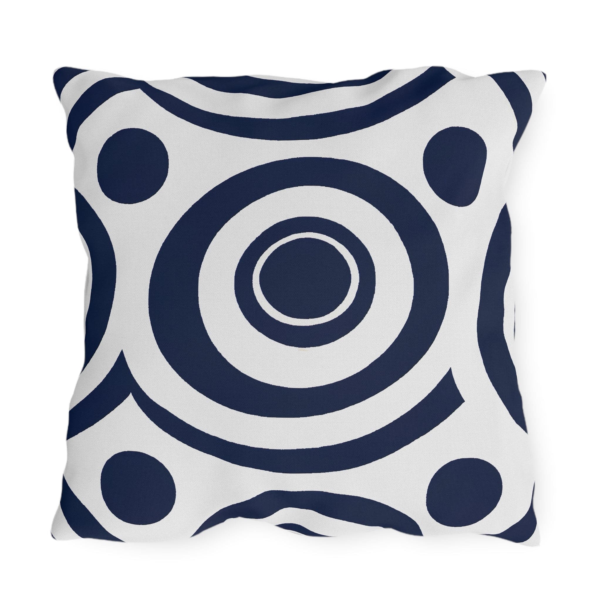 Navy blue and white circular decorative throw pillow designed for indoor and outdoor use, showcasing vibrant patterns and quality craftsmanship.