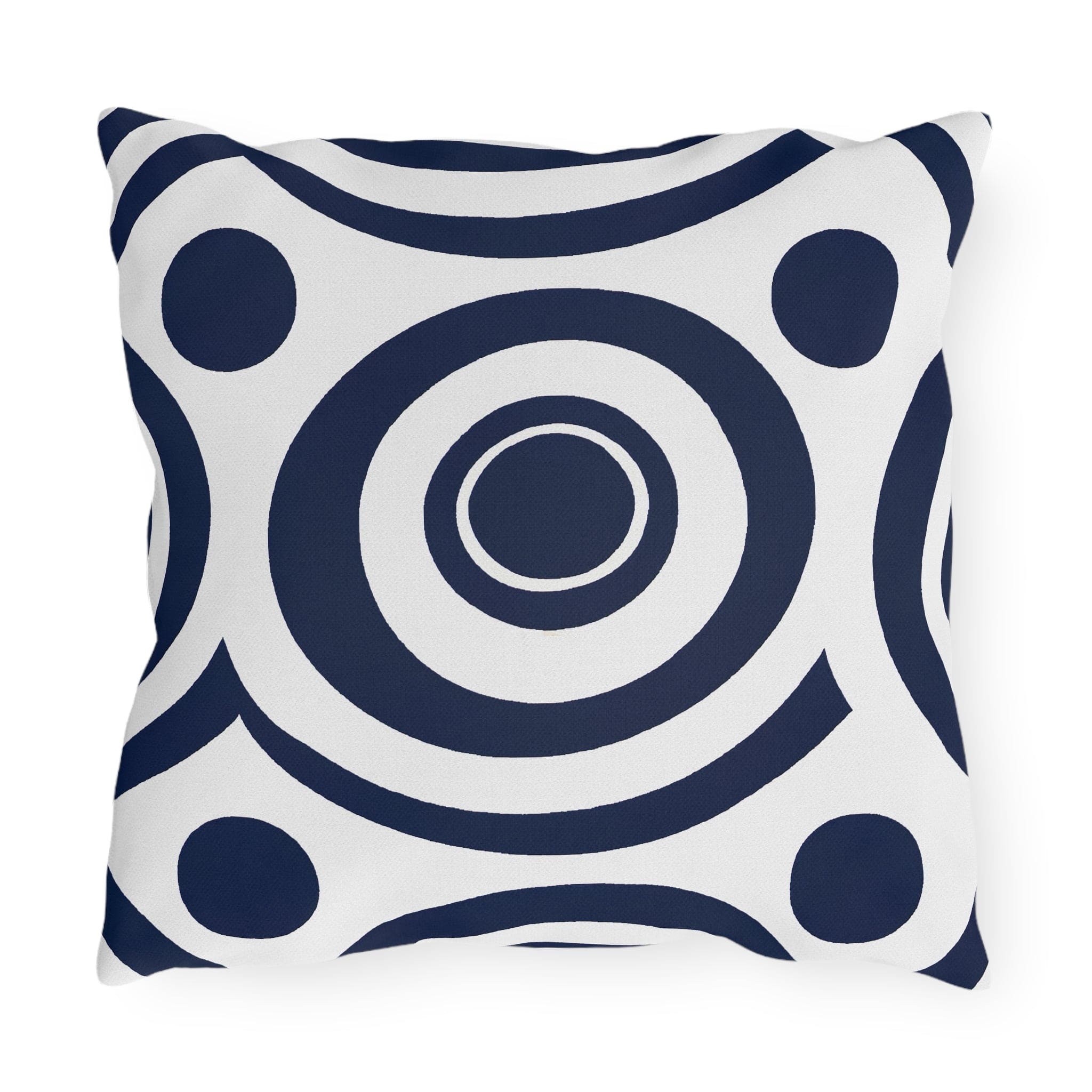 Navy blue and white circular decorative throw pillow designed for indoor and outdoor use, showcasing vibrant patterns and quality craftsmanship.