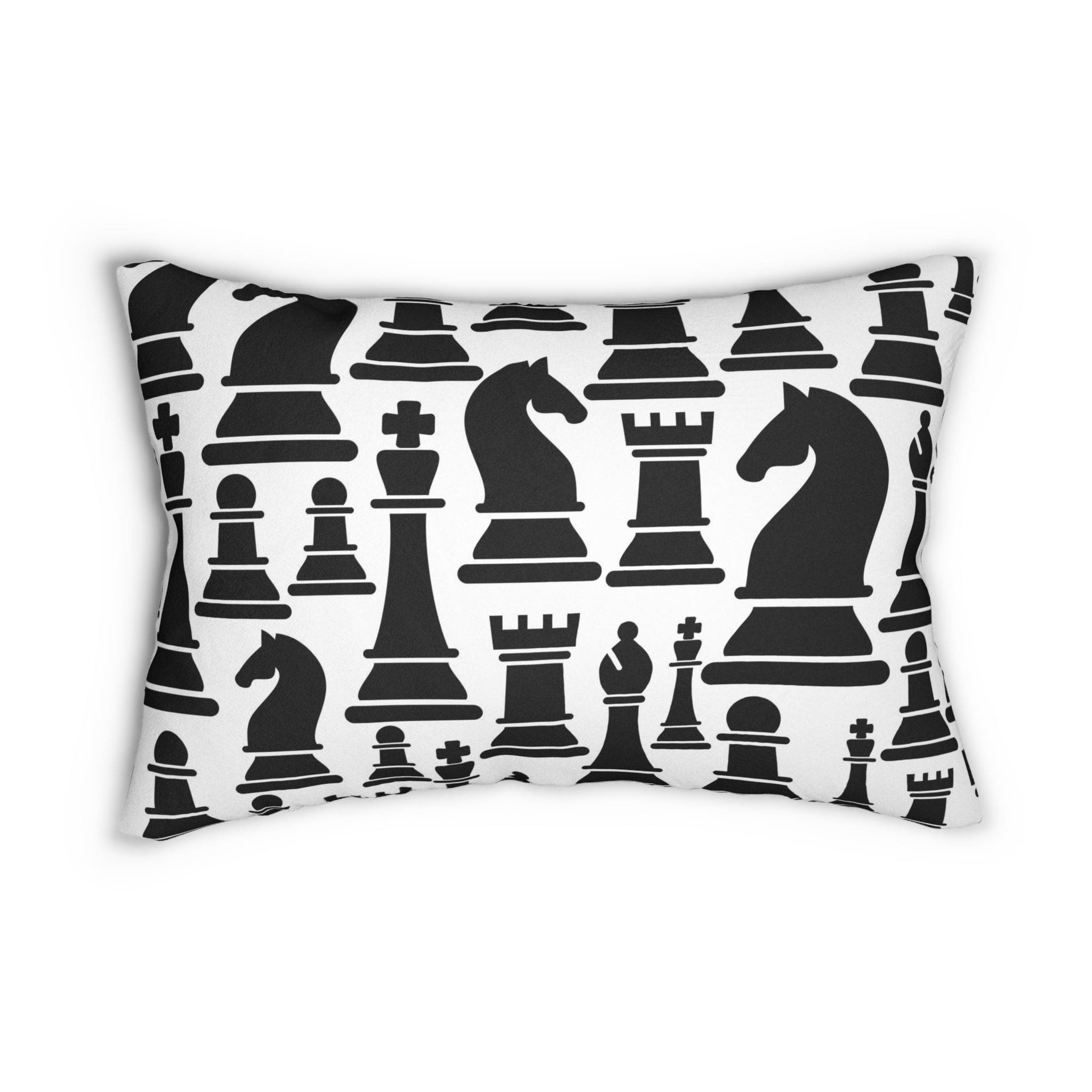 Decorative lumbar throw pillow featuring a black and white chess print, showcasing a stylish design with a concealed zipper and double-sided print.