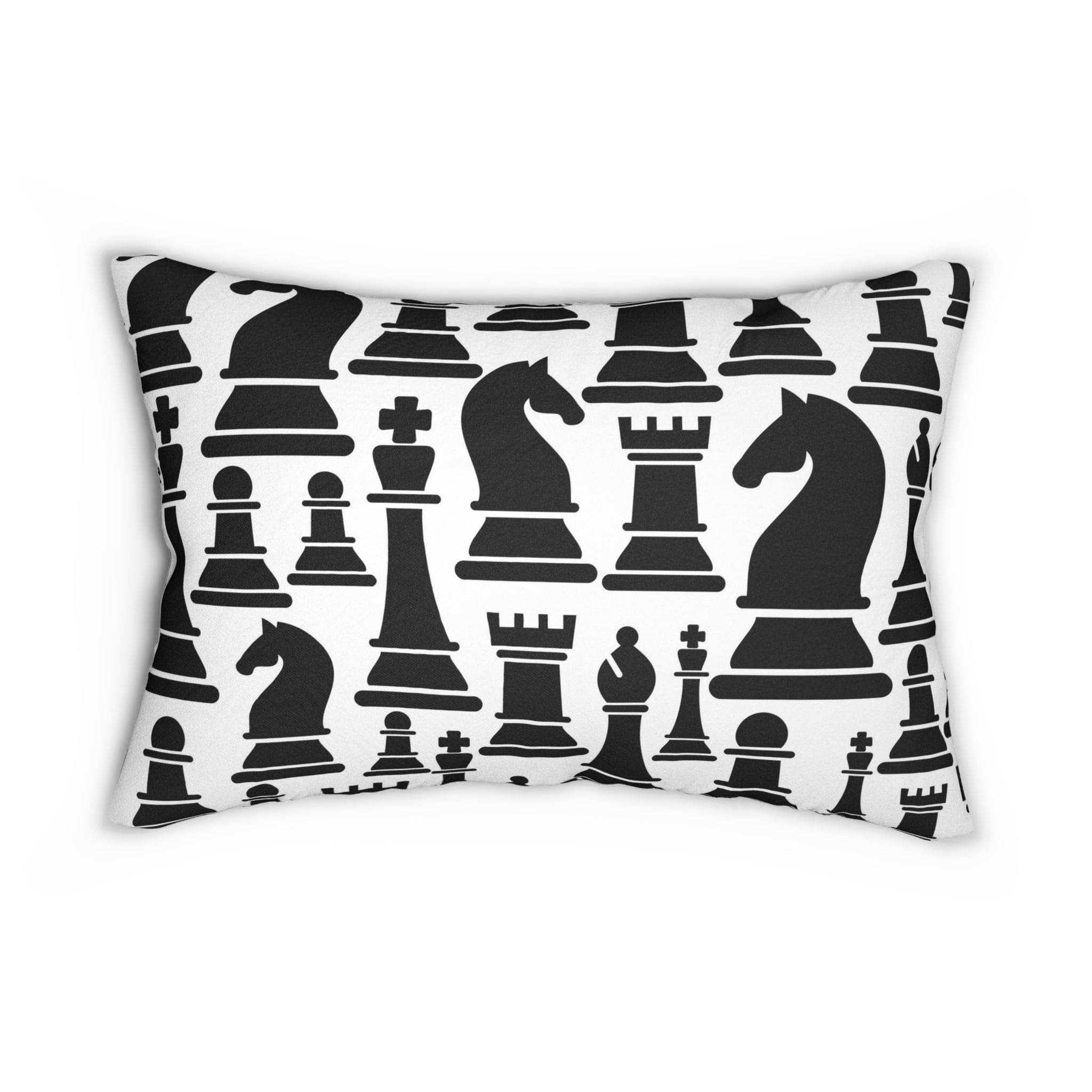 Decorative lumbar throw pillow featuring a black and white chess print, showcasing a stylish design with a concealed zipper and double-sided print.