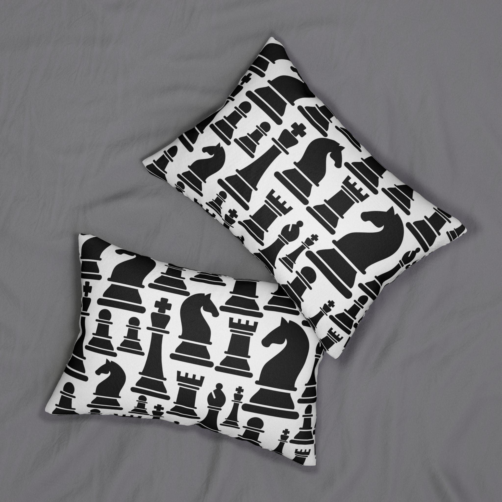 Decorative lumbar throw pillow featuring a black and white chess print, showcasing a stylish design with a concealed zipper and double-sided print.