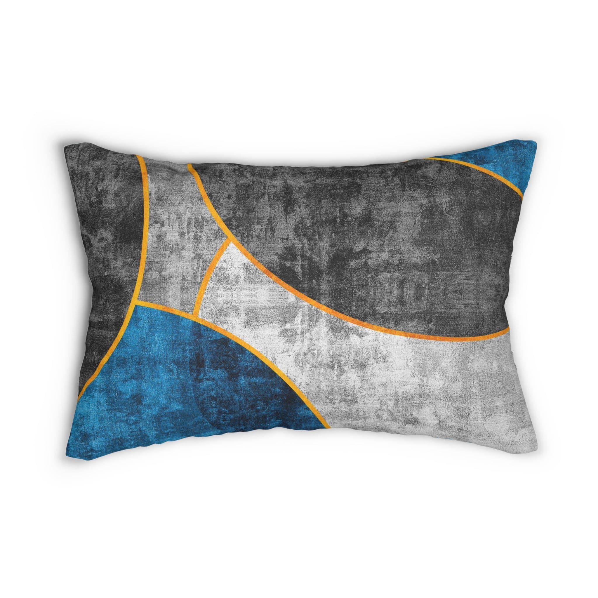 Decorative lumbar throw pillow featuring a black, blue, and grey circular geometric design, perfect for enhancing home decor.