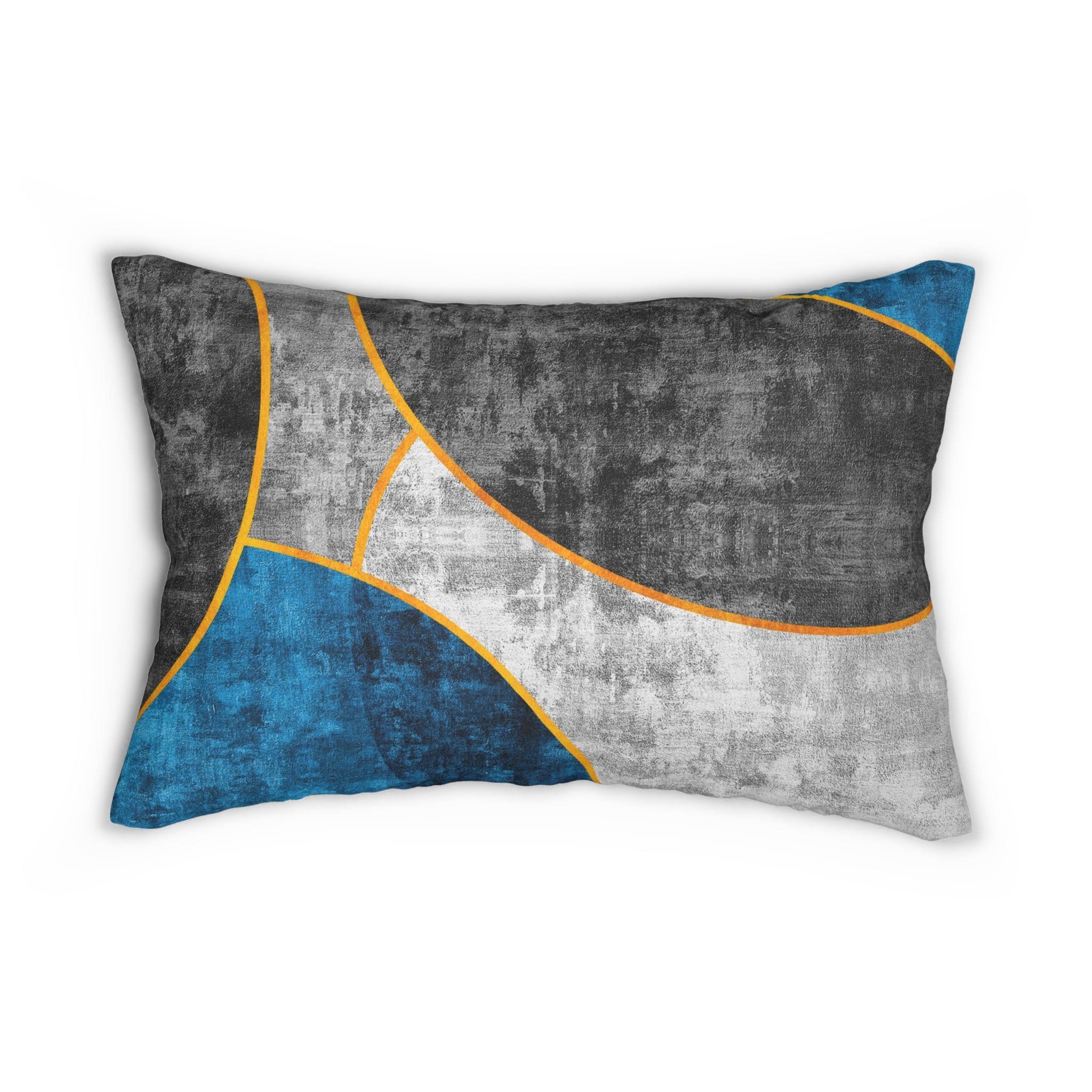 Decorative lumbar throw pillow featuring a black, blue, and grey circular geometric design, perfect for enhancing home decor.