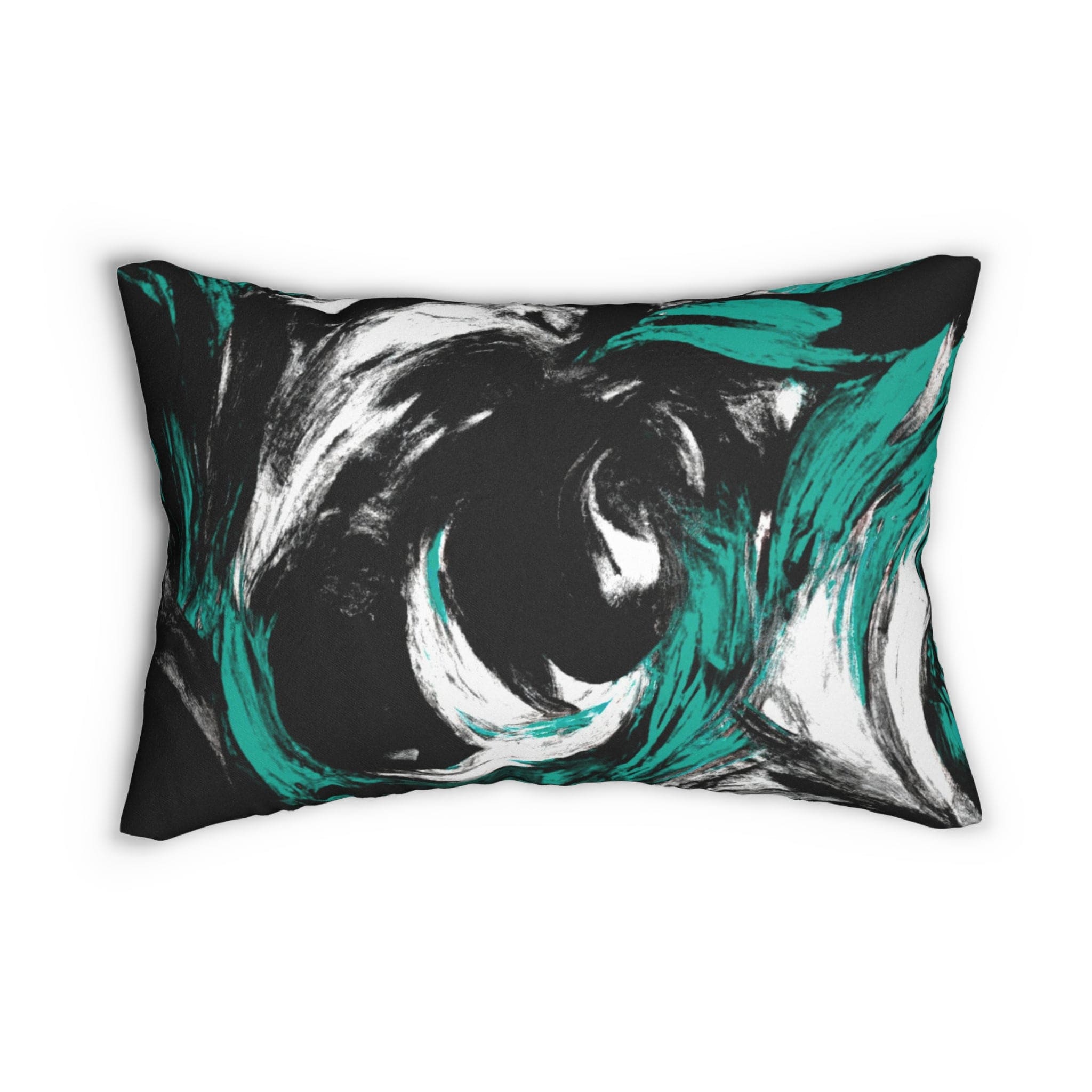 Decorative lumbar throw pillow featuring a black, green, and white abstract pattern, showcasing vibrant colors and artistic design.