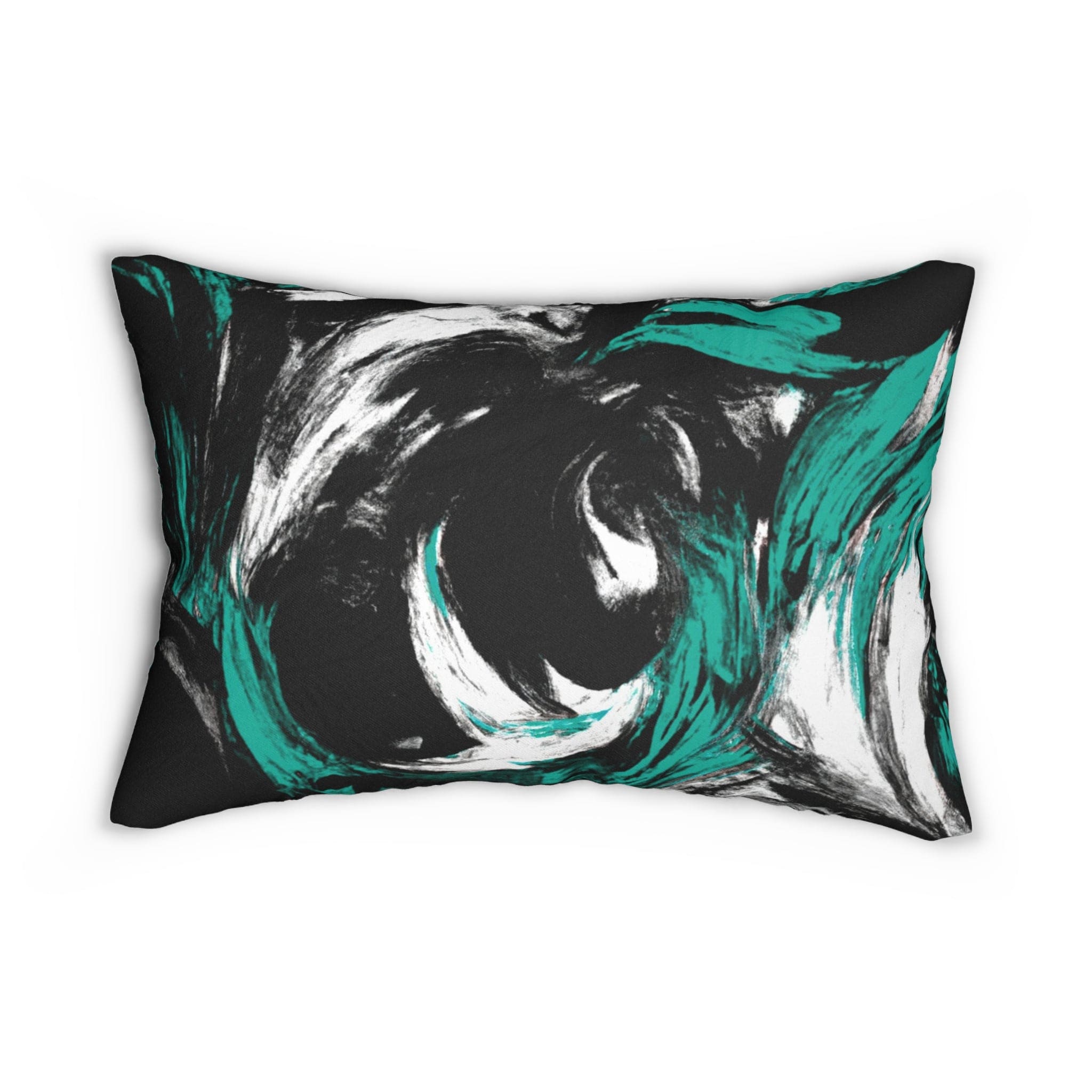 Decorative lumbar throw pillow featuring a black, green, and white abstract pattern, showcasing vibrant colors and artistic design.