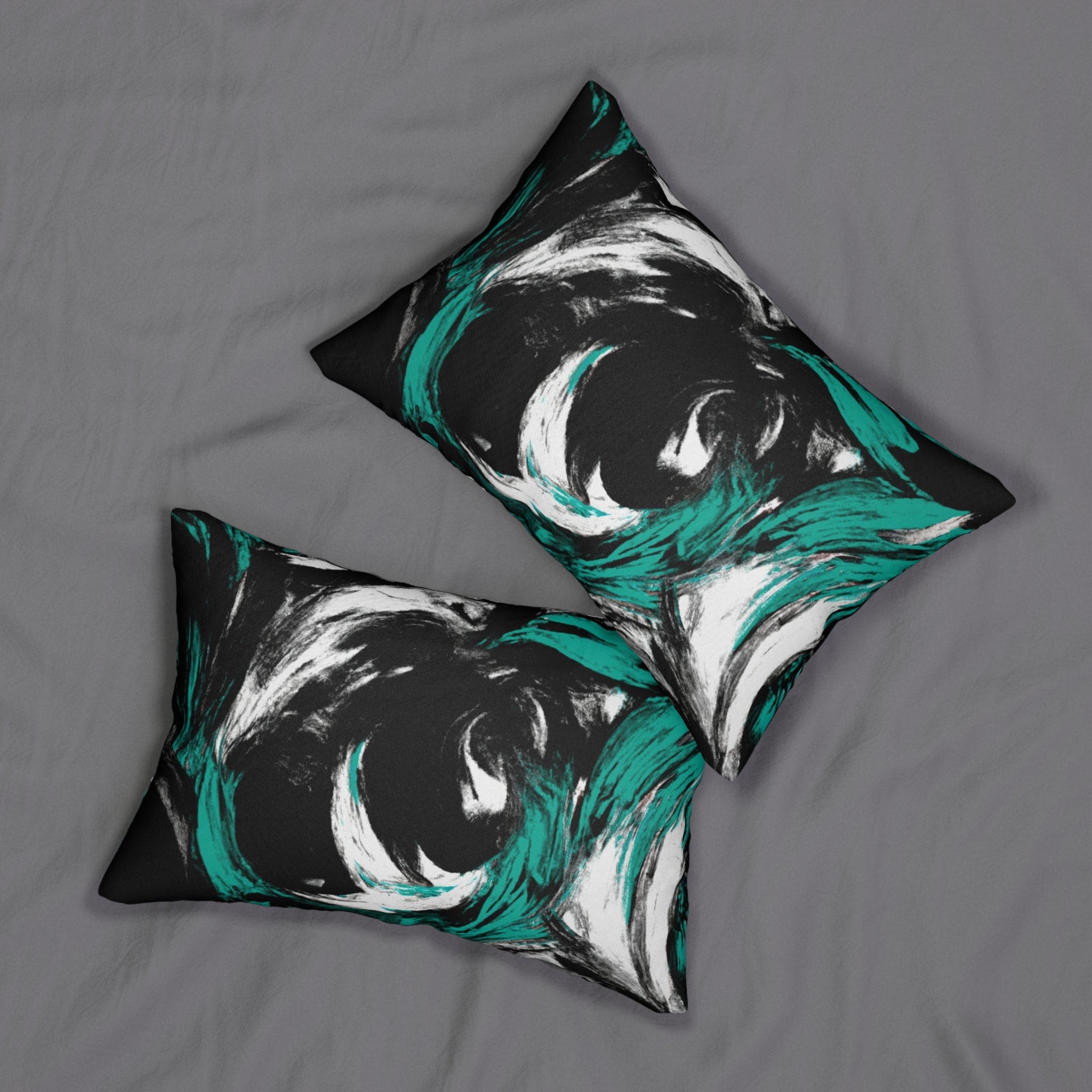 Decorative lumbar throw pillow featuring a black, green, and white abstract pattern, showcasing vibrant colors and artistic design.