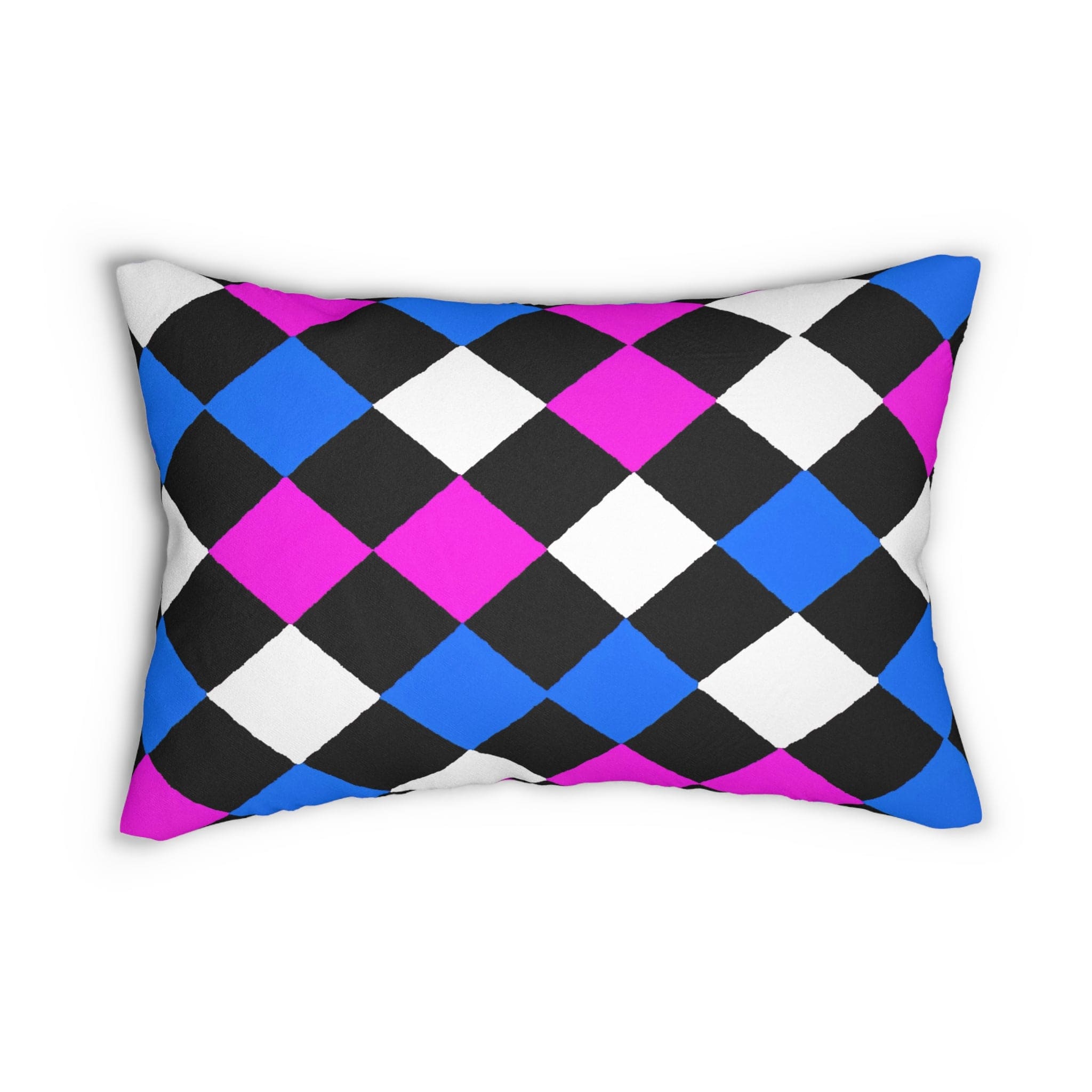 Decorative lumbar throw pillow featuring a vibrant black, pink, and blue checkered pattern, ideal for enhancing home decor.