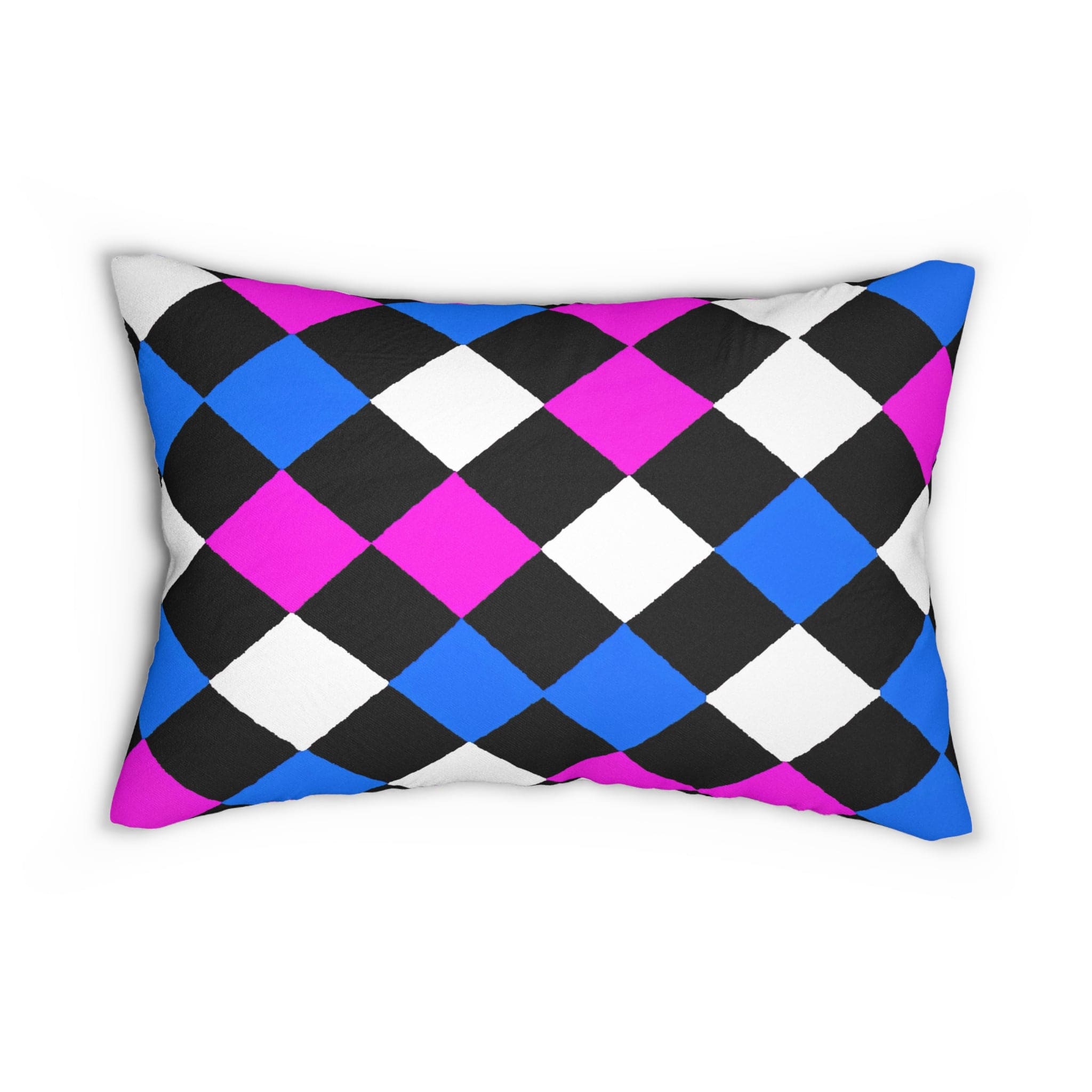 Decorative lumbar throw pillow featuring a vibrant black, pink, and blue checkered pattern, ideal for enhancing home decor.