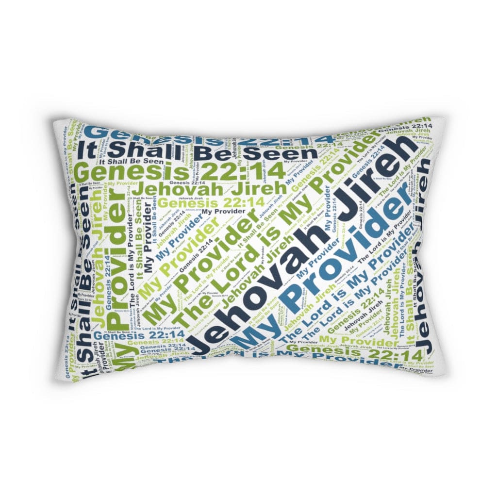 Decorative lumbar throw pillow with Jehovah Jireh my Provider word art, featuring a stylish design and hidden zipper.