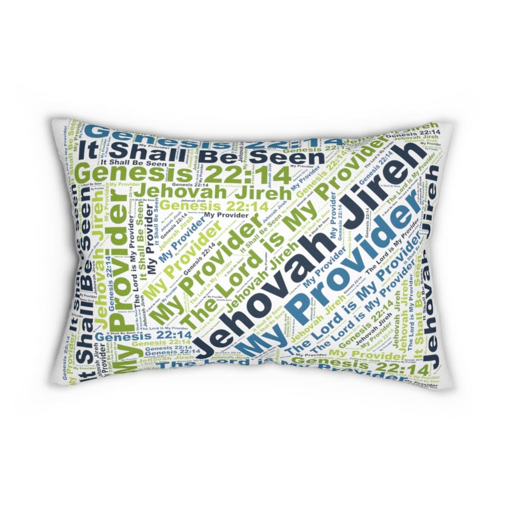 Decorative lumbar throw pillow with Jehovah Jireh my Provider word art, featuring a stylish design and hidden zipper.