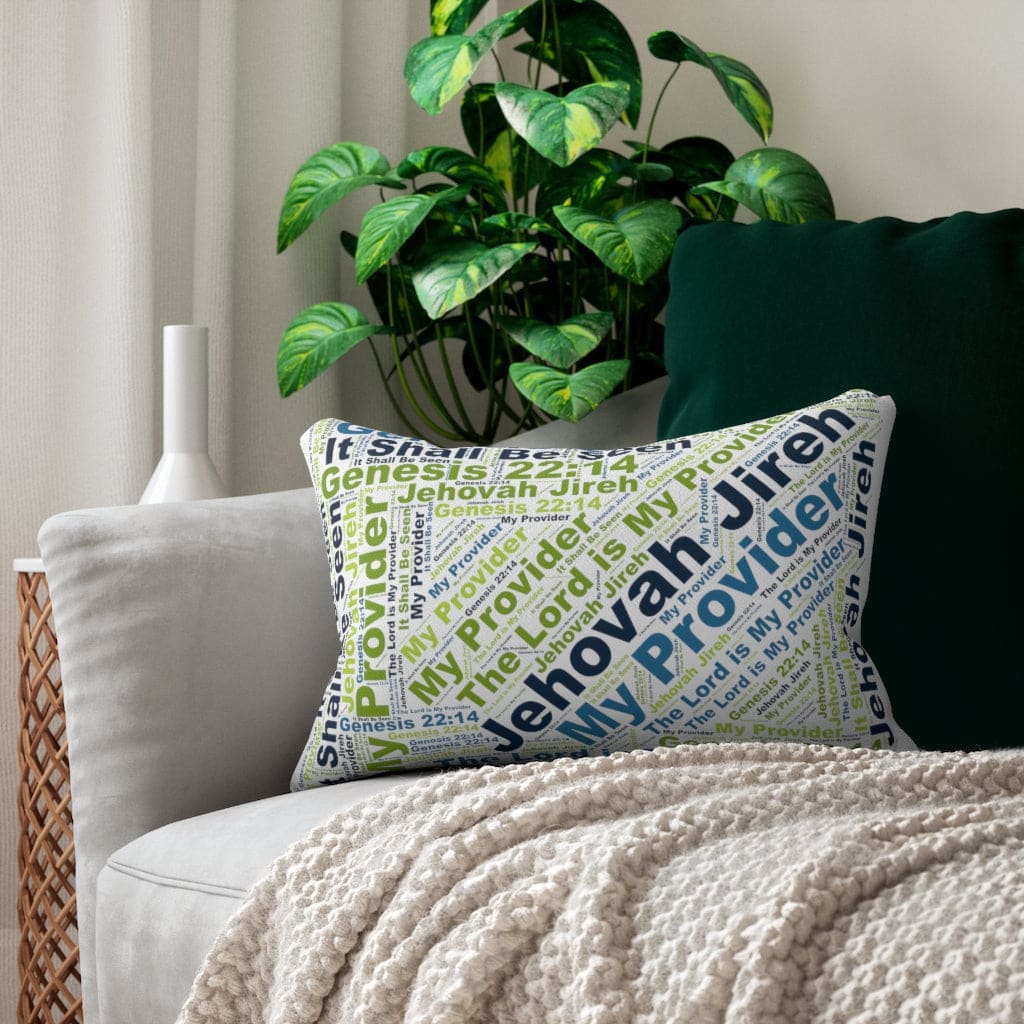 Decorative lumbar throw pillow with Jehovah Jireh my Provider word art, featuring a stylish design and hidden zipper.