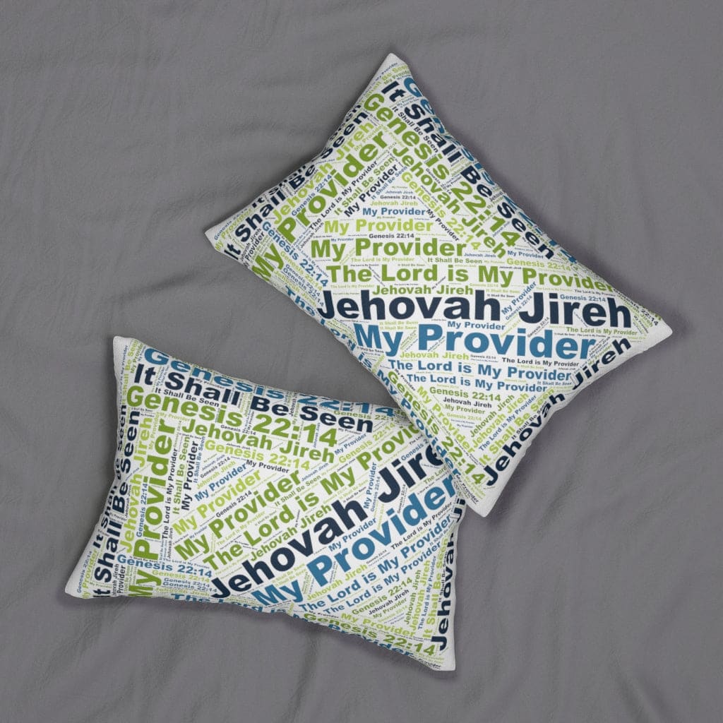 Decorative lumbar throw pillow with Jehovah Jireh my Provider word art, featuring a stylish design and hidden zipper.