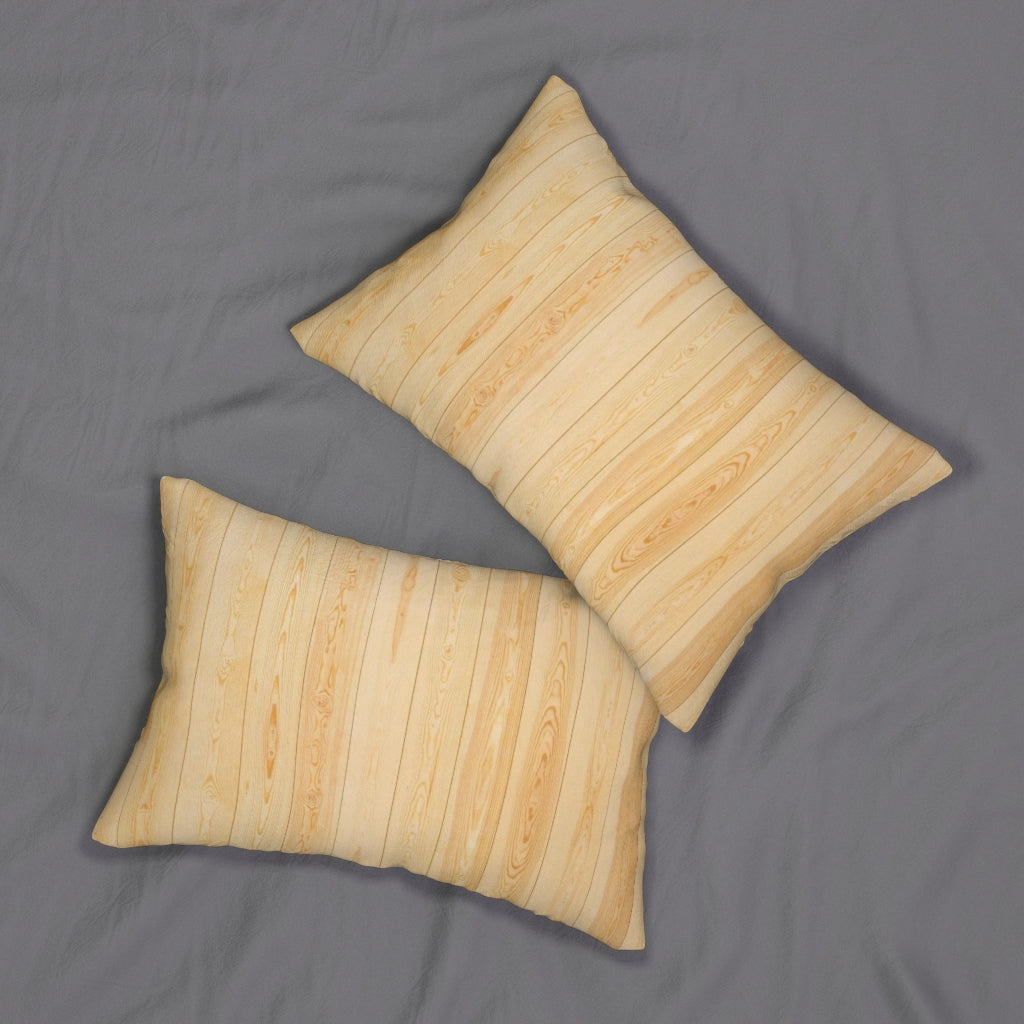 Decorative lumbar throw pillow featuring a light brown rustic wood pattern, ideal for home decor accents.