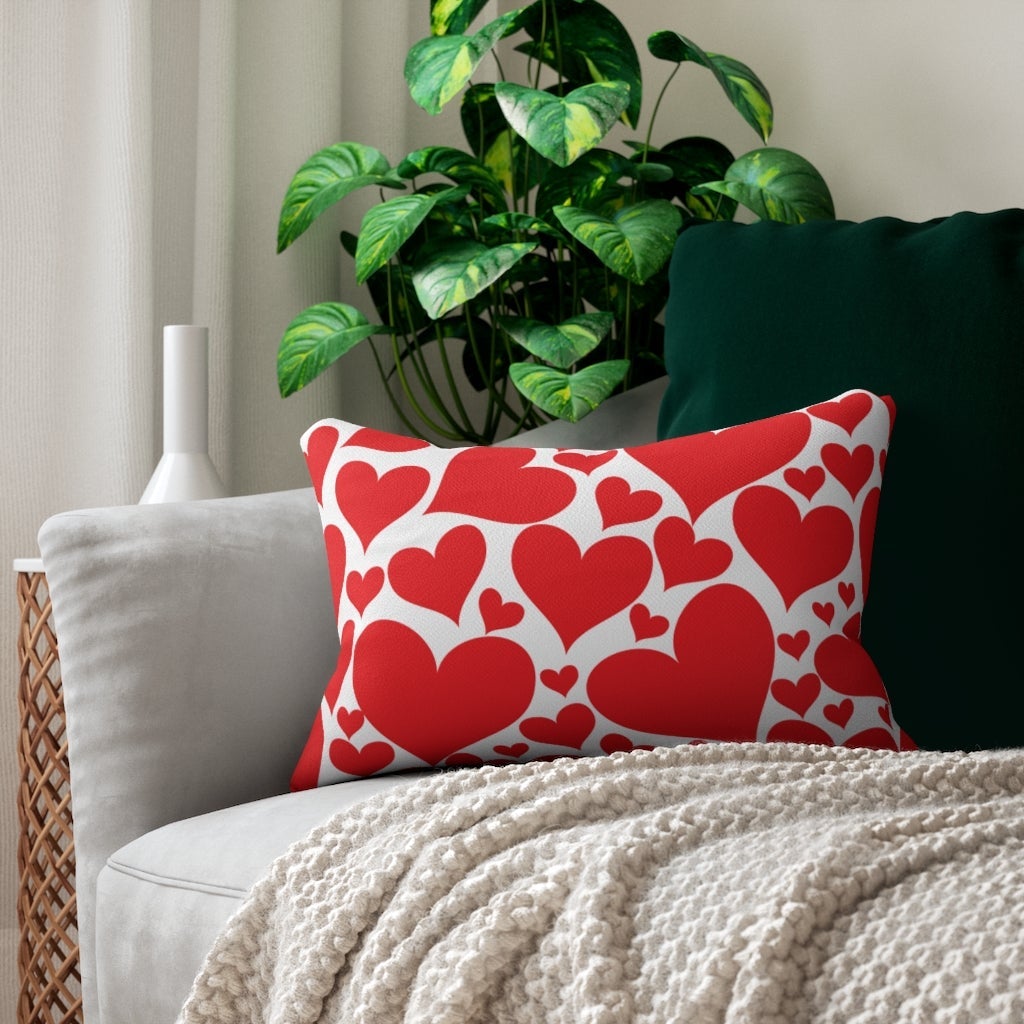 Decorative lumbar throw pillow with love red hearts pattern, featuring a stylish design and hidden zipper.