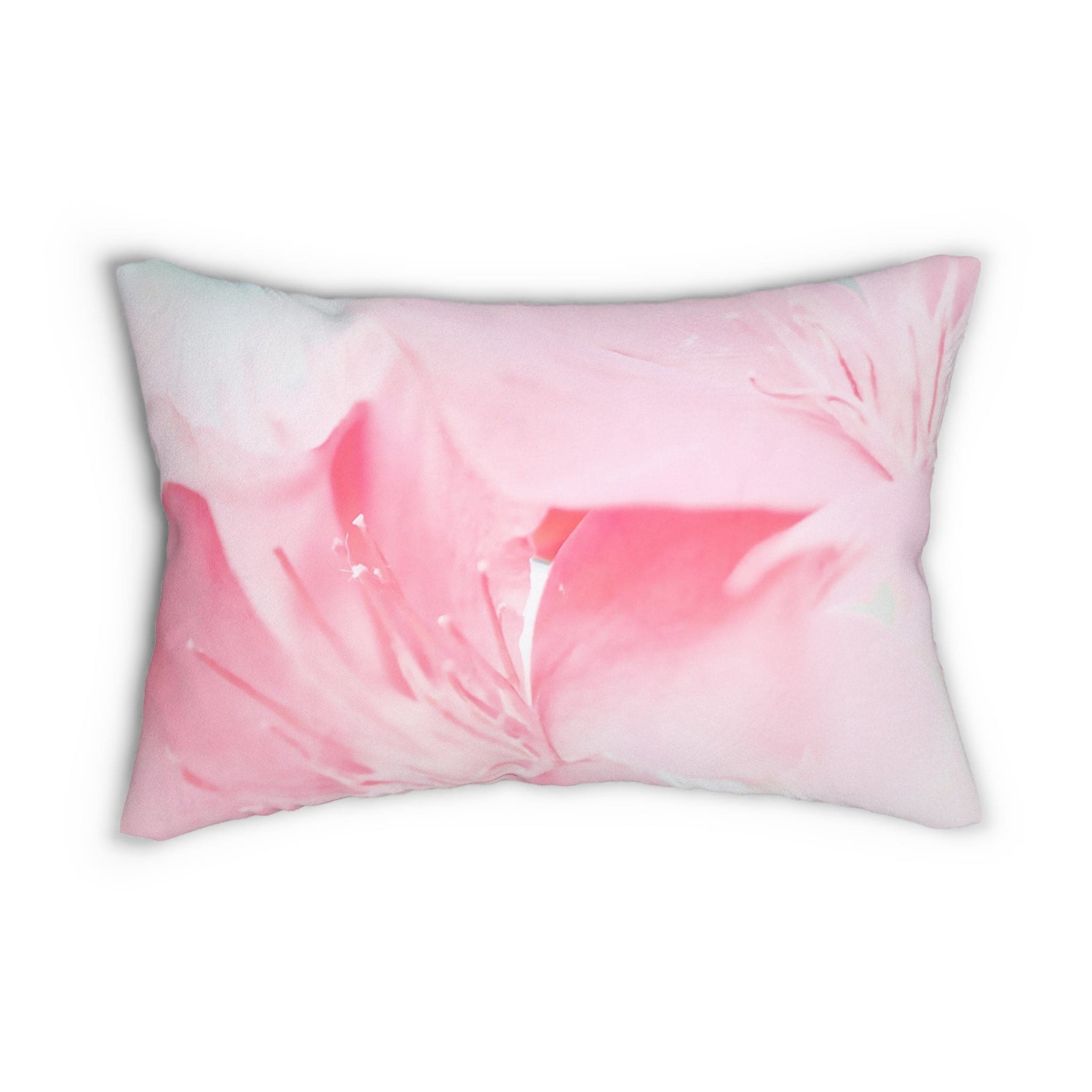 Decorative lumbar throw pillow featuring a vibrant pink flower bloom design, perfect for adding color and comfort to any living space.