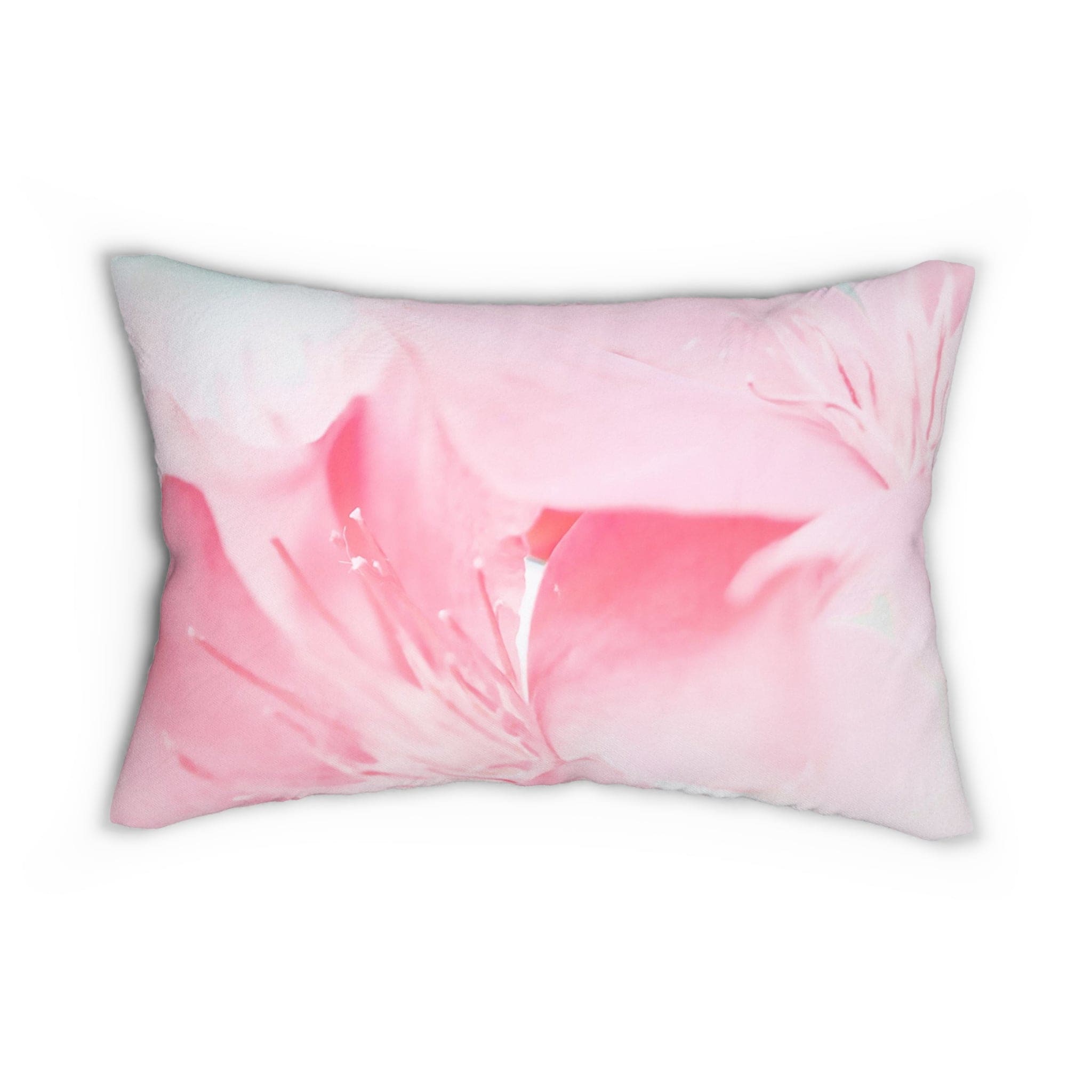 Decorative lumbar throw pillow featuring a vibrant pink flower bloom design, perfect for adding color and comfort to any living space.