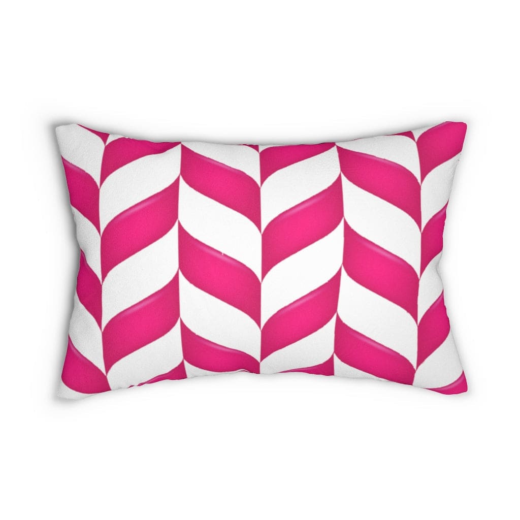 Decorative lumbar throw pillow featuring a pink chevron pattern, made of spun-polyester fabric with a concealed zipper.