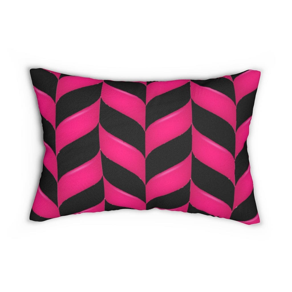 Decorative lumbar throw pillow featuring a pink chevron pattern, made of spun-polyester fabric with a concealed zipper.