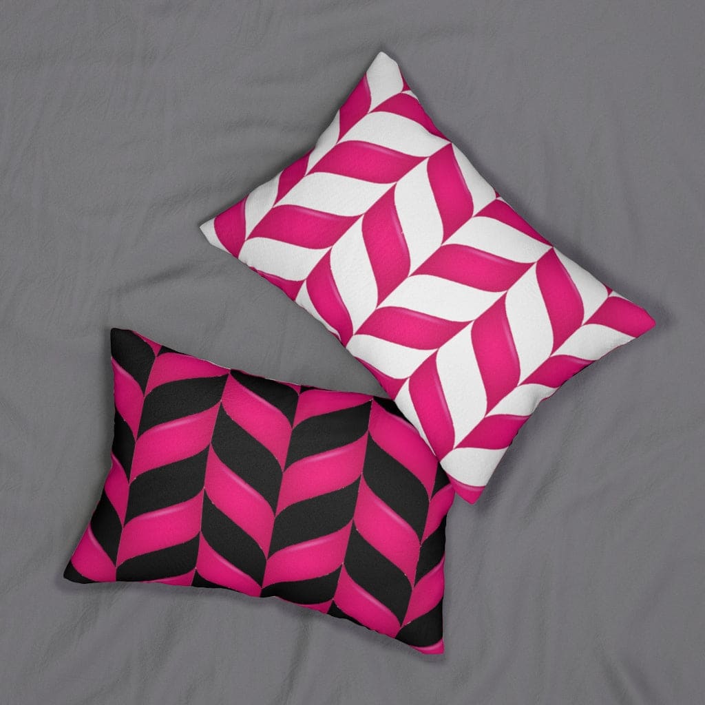 Decorative lumbar throw pillow featuring a pink chevron pattern, made of spun-polyester fabric with a concealed zipper.