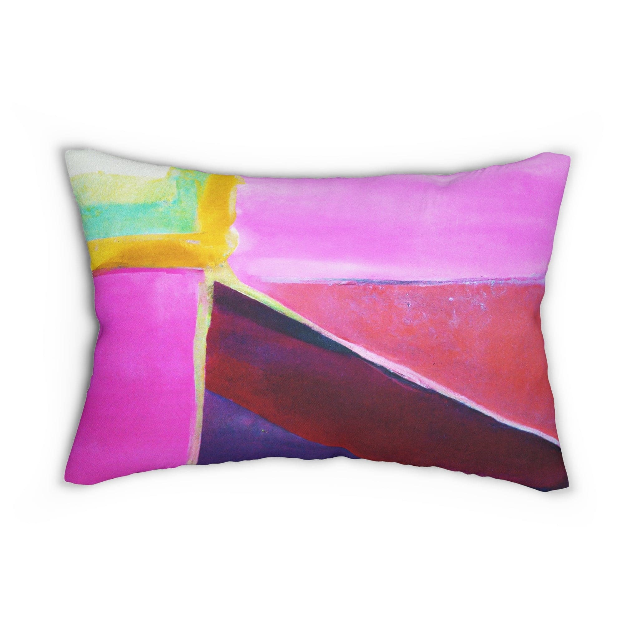 Decorative lumbar throw pillow featuring a vibrant pink, purple, and red geometric pattern, perfect for enhancing home decor.