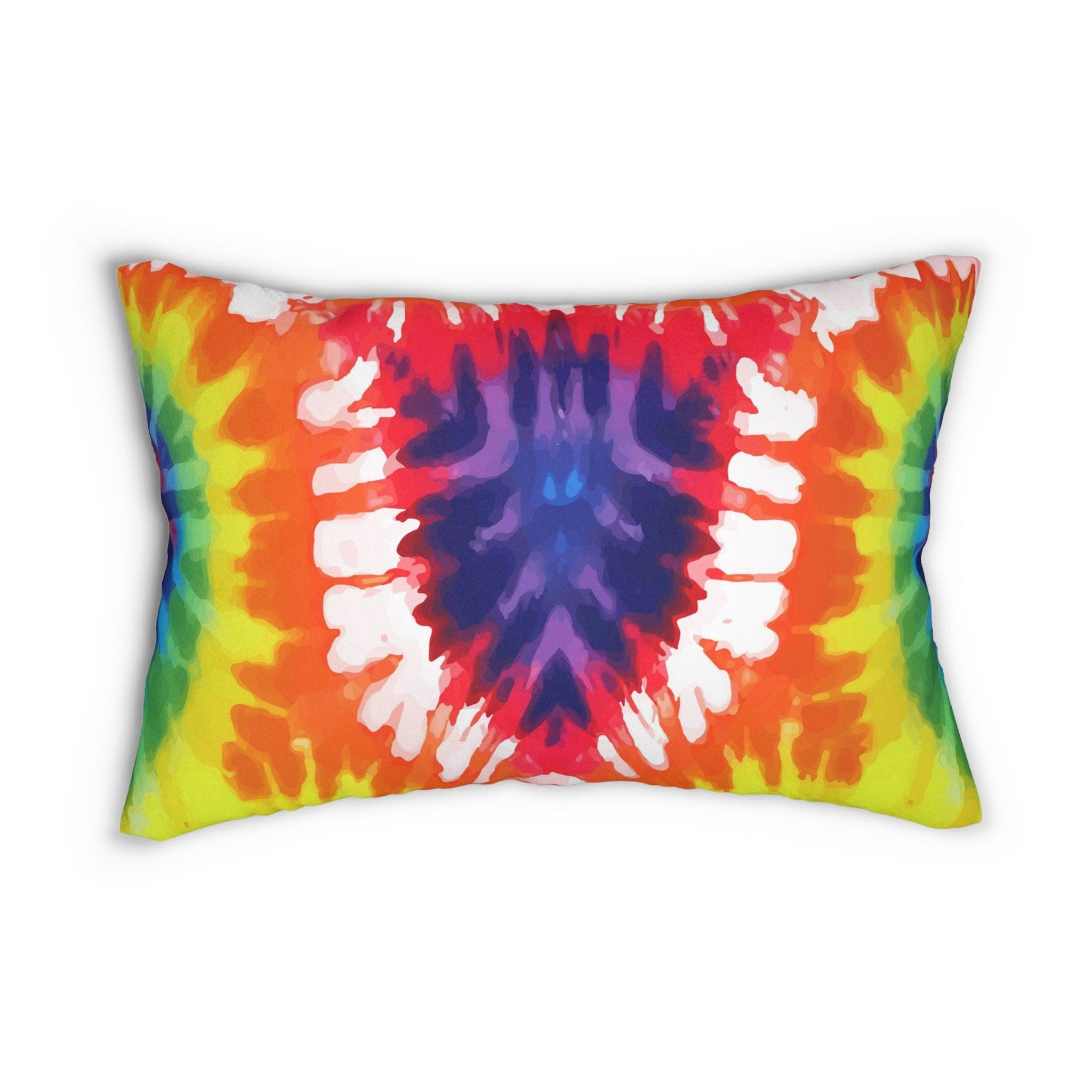 Decorative lumbar throw pillow featuring a vibrant psychedelic rainbow tie dye design, showcasing a colorful and artistic pattern.