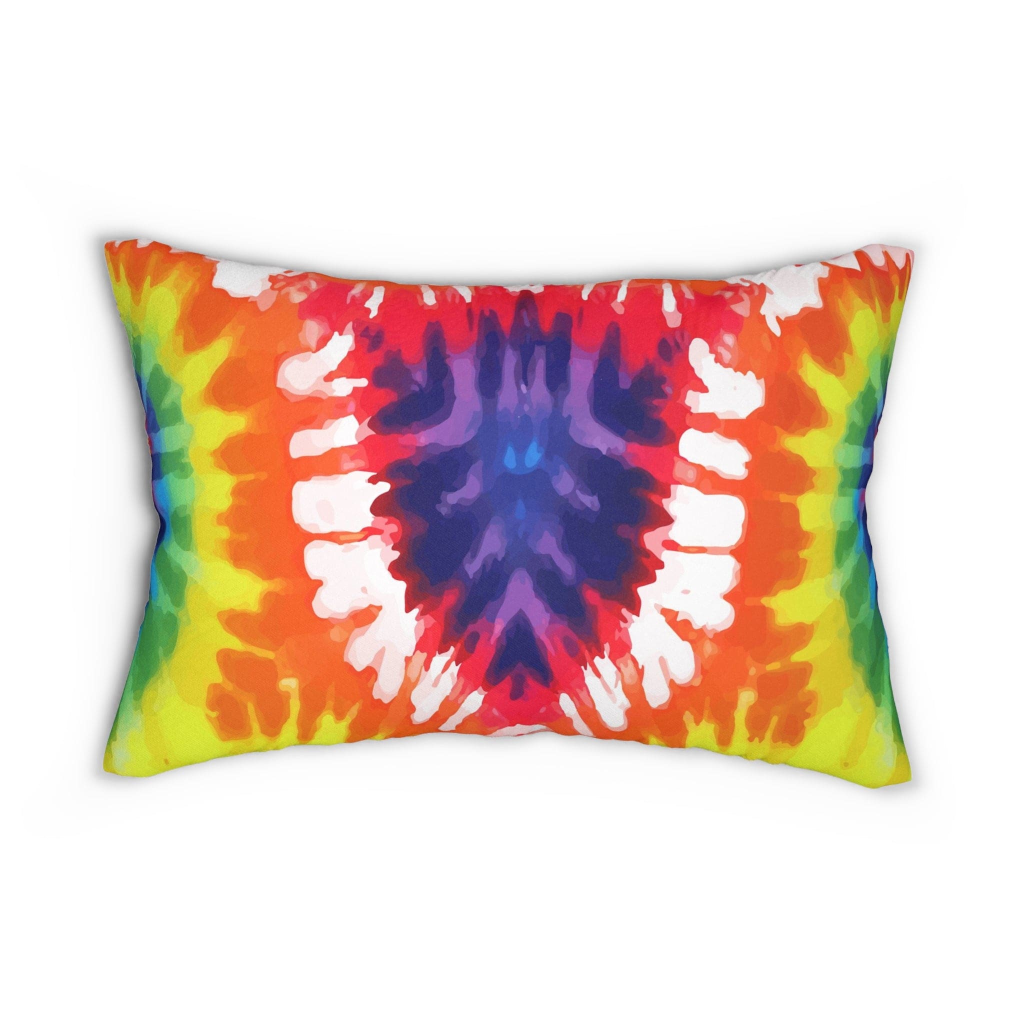 Decorative lumbar throw pillow featuring a vibrant psychedelic rainbow tie dye design, showcasing a colorful and artistic pattern.