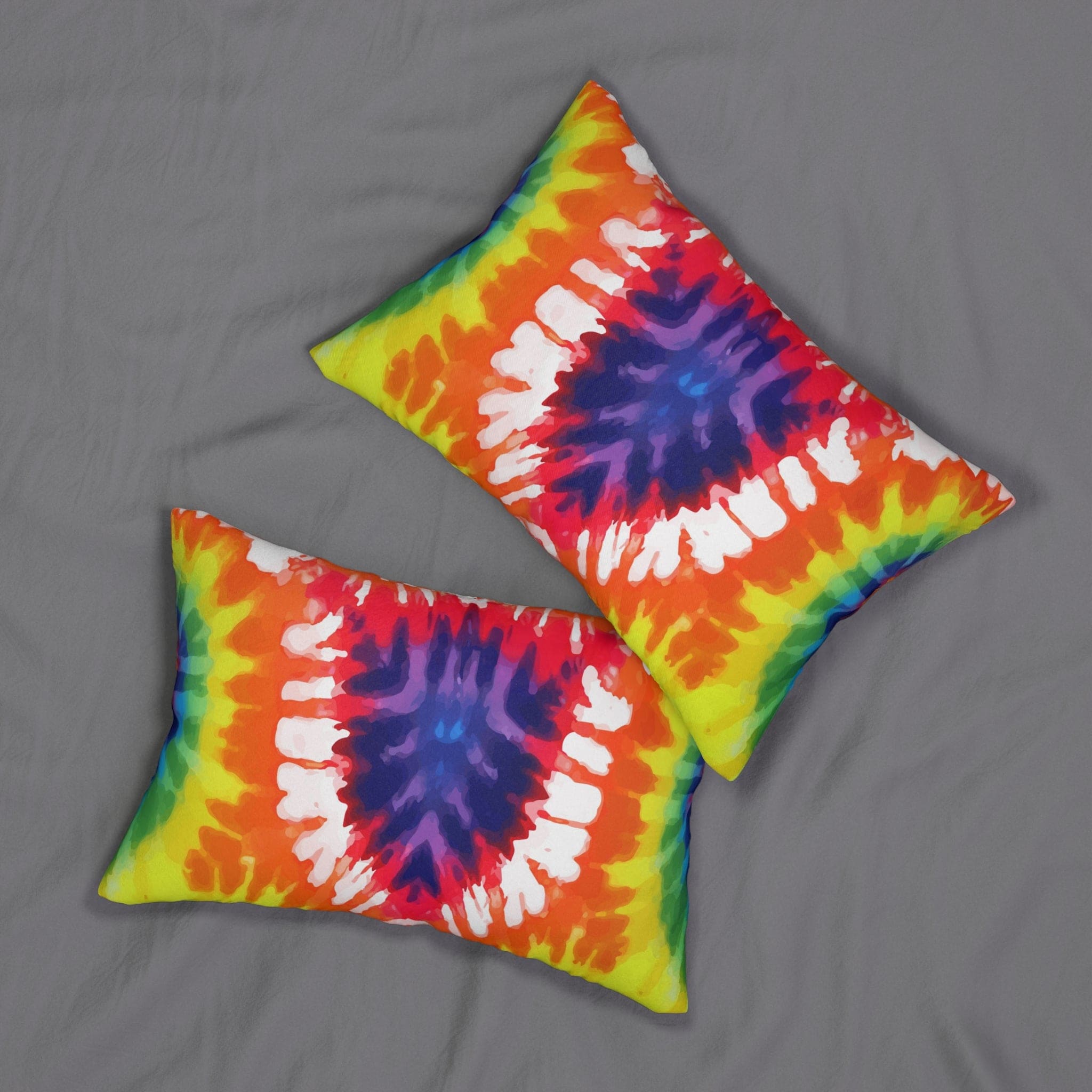 Decorative lumbar throw pillow featuring a vibrant psychedelic rainbow tie dye design, showcasing a colorful and artistic pattern.