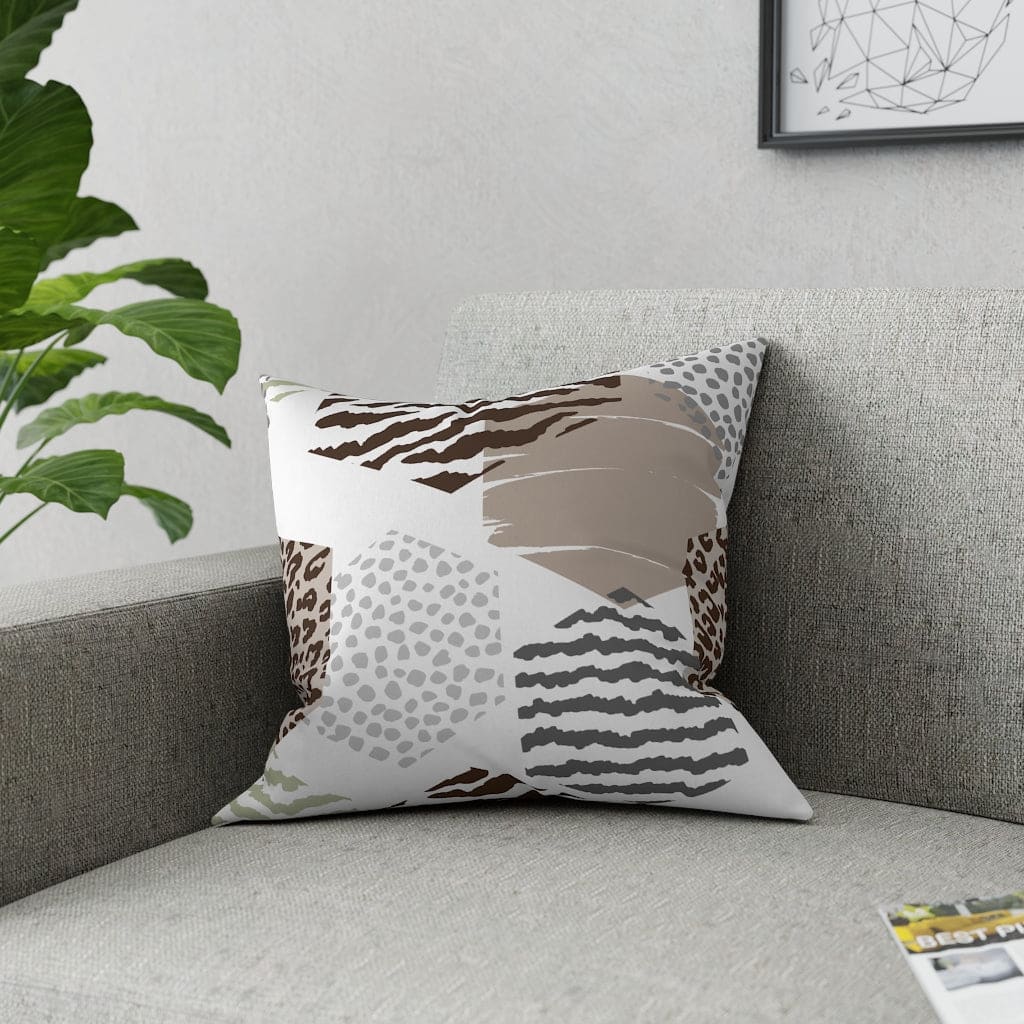 Beige decorative throw pillow with geometric pattern, perfect for indoor and outdoor use, showcasing vibrant colors and unique design.