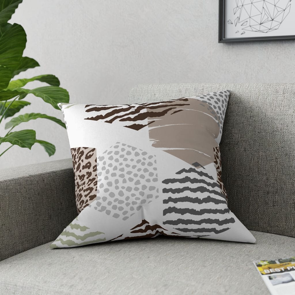 Beige decorative throw pillow with geometric pattern, perfect for indoor and outdoor use, showcasing vibrant colors and unique design.