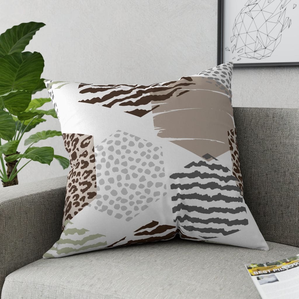 Beige decorative throw pillow with geometric pattern, perfect for indoor and outdoor use, showcasing vibrant colors and unique design.