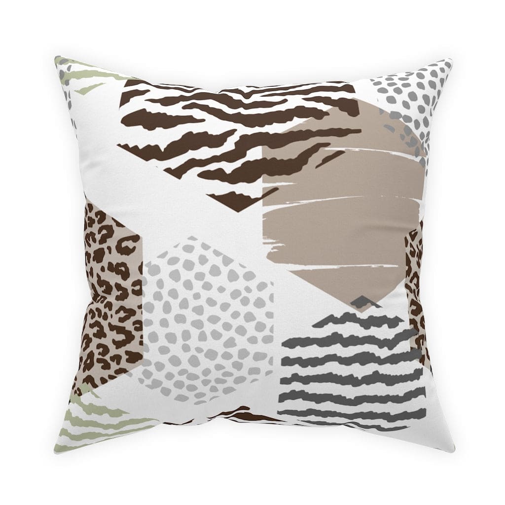 Beige decorative throw pillow with geometric pattern, perfect for indoor and outdoor use, showcasing vibrant colors and unique design.