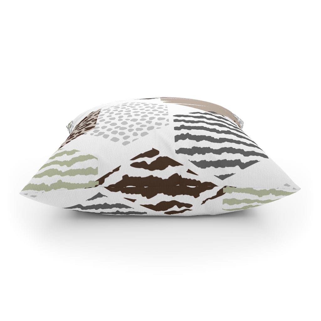 Beige decorative throw pillow with geometric pattern, perfect for indoor and outdoor use, showcasing vibrant colors and unique design.