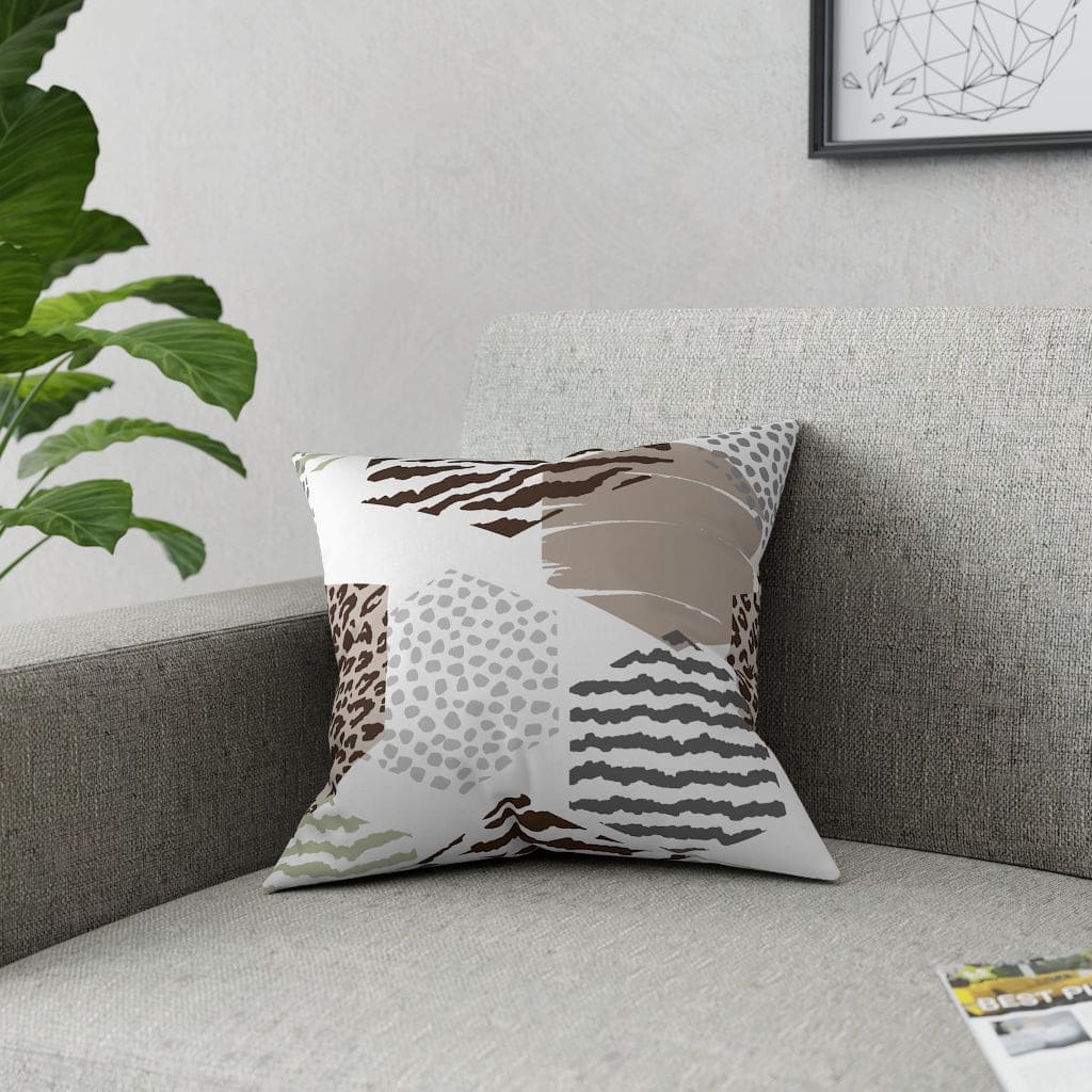 Beige decorative throw pillow with geometric pattern, perfect for indoor and outdoor use, showcasing vibrant colors and unique design.