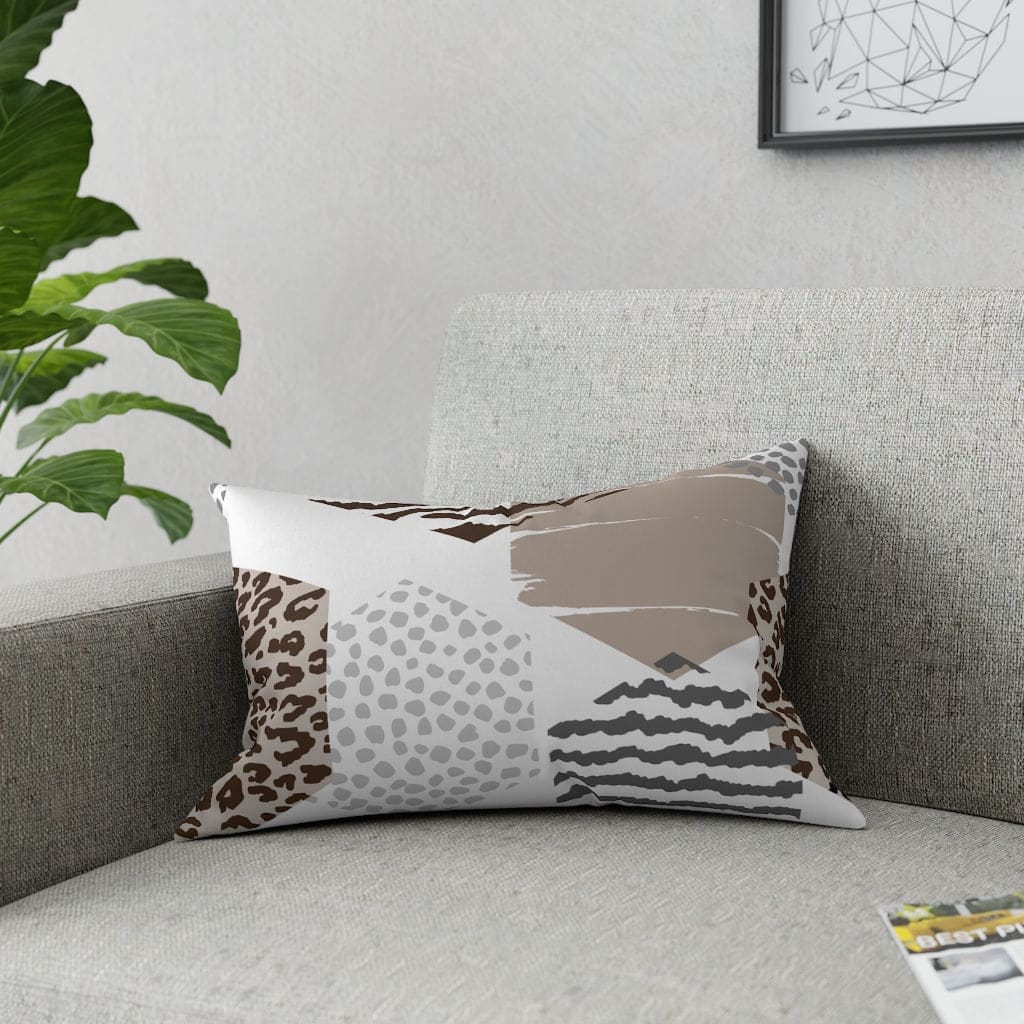 Beige decorative throw pillow with geometric pattern, perfect for indoor and outdoor use, showcasing vibrant colors and unique design.