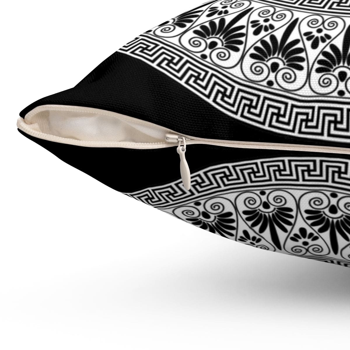 Decorative throw pillow cover featuring a black and white geometric boho pattern, showcasing its stylish design and concealed zipper closure.