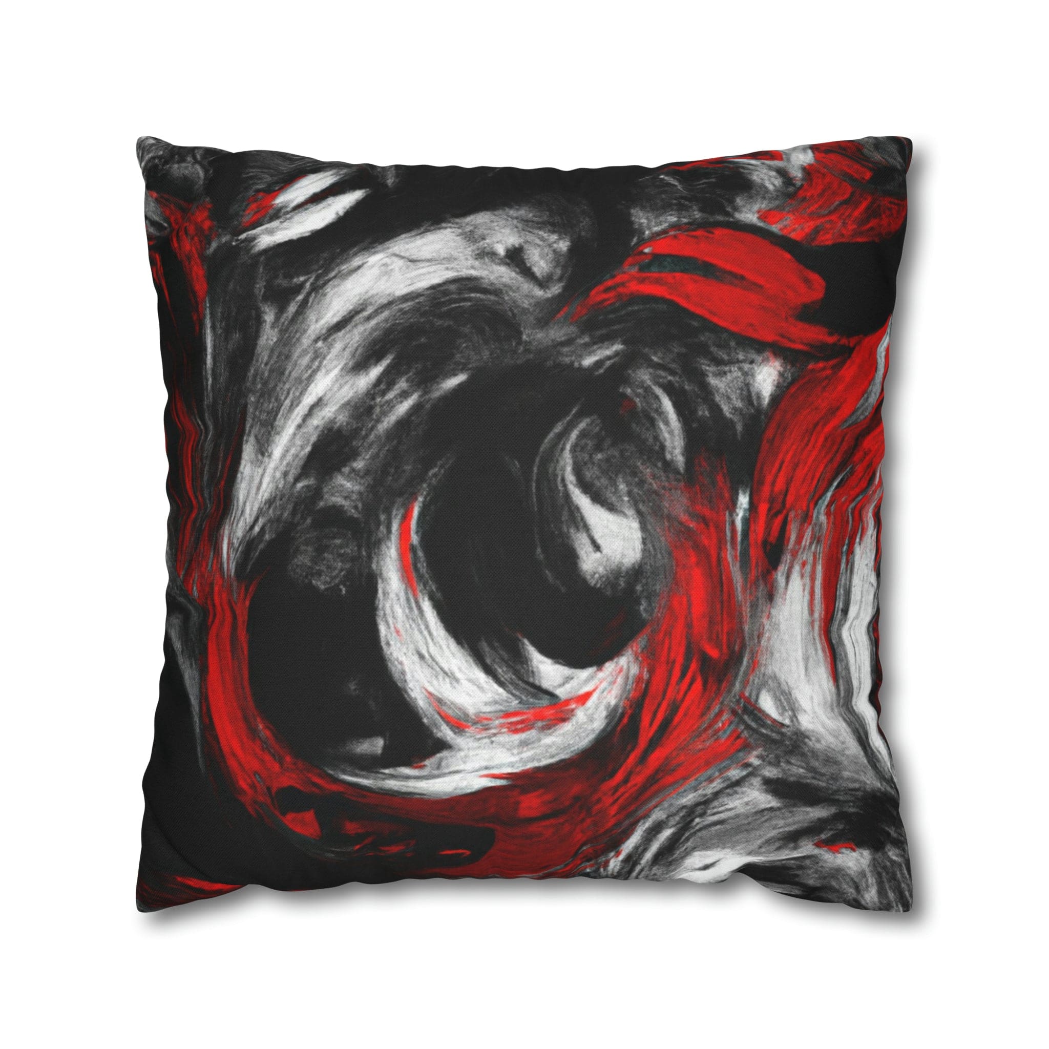 Decorative throw pillow cover featuring a black, red, and white abstract pattern, ideal for enhancing home decor.