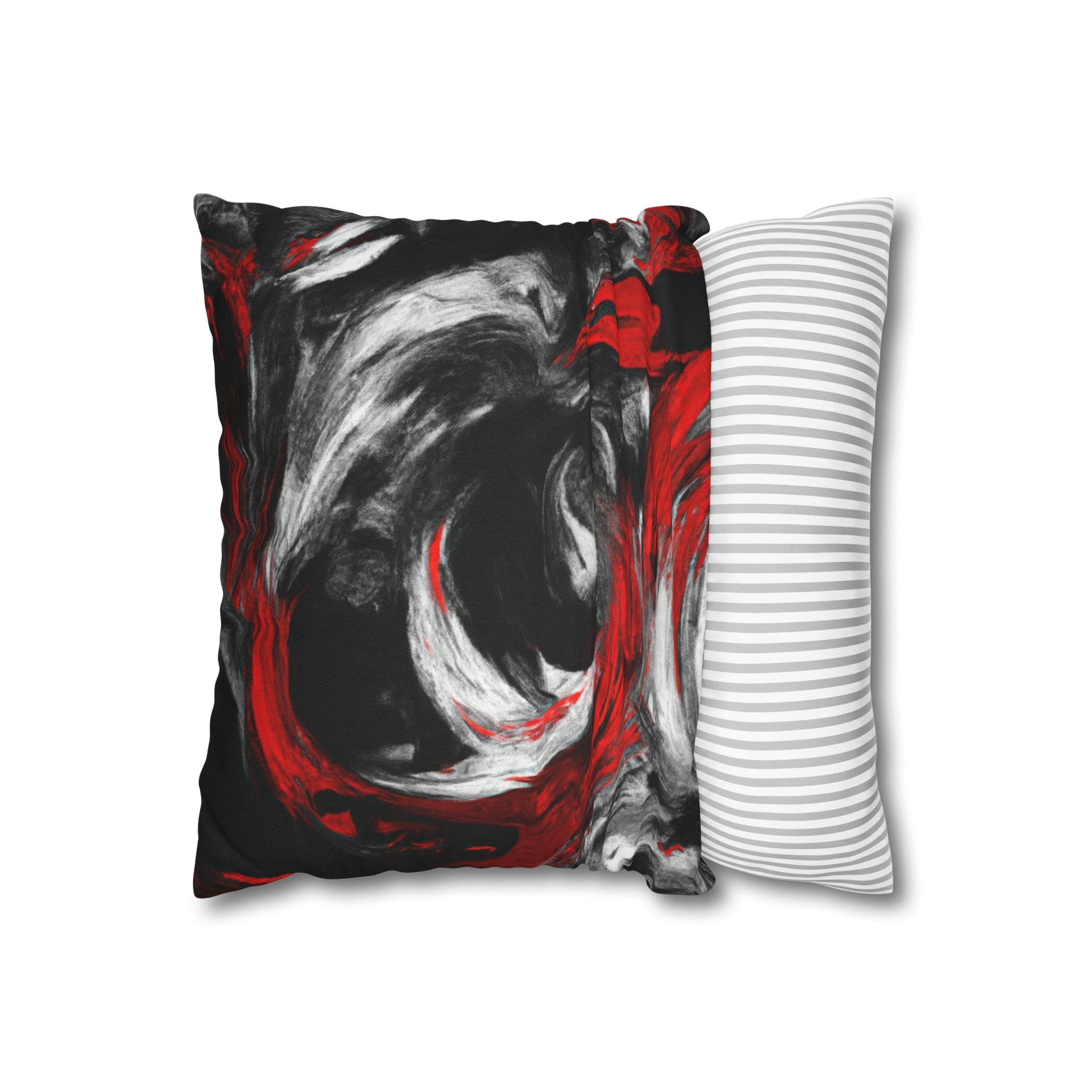 Decorative throw pillow cover featuring a black, red, and white abstract pattern, ideal for enhancing home decor.