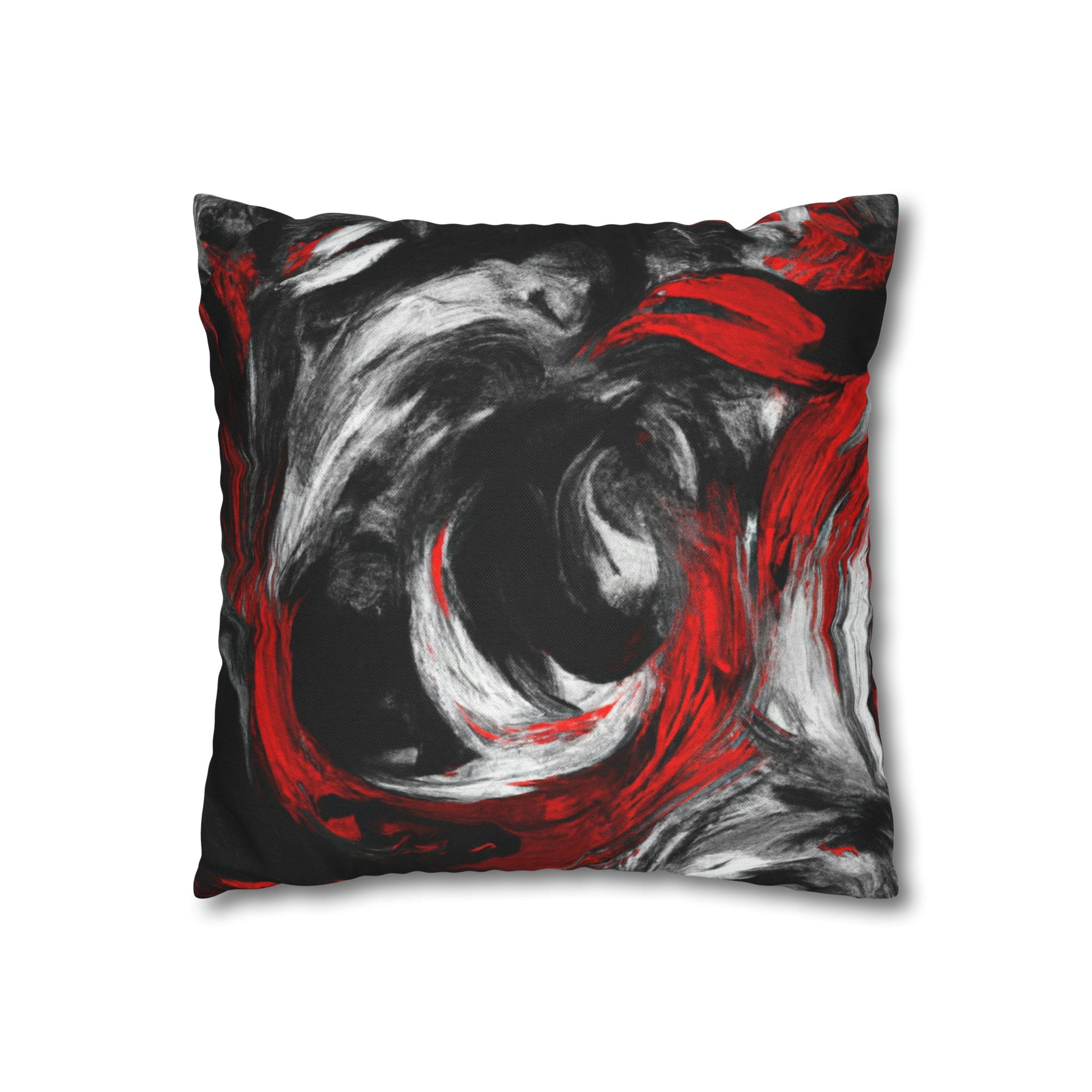 Decorative throw pillow cover featuring a black, red, and white abstract pattern, ideal for enhancing home decor.