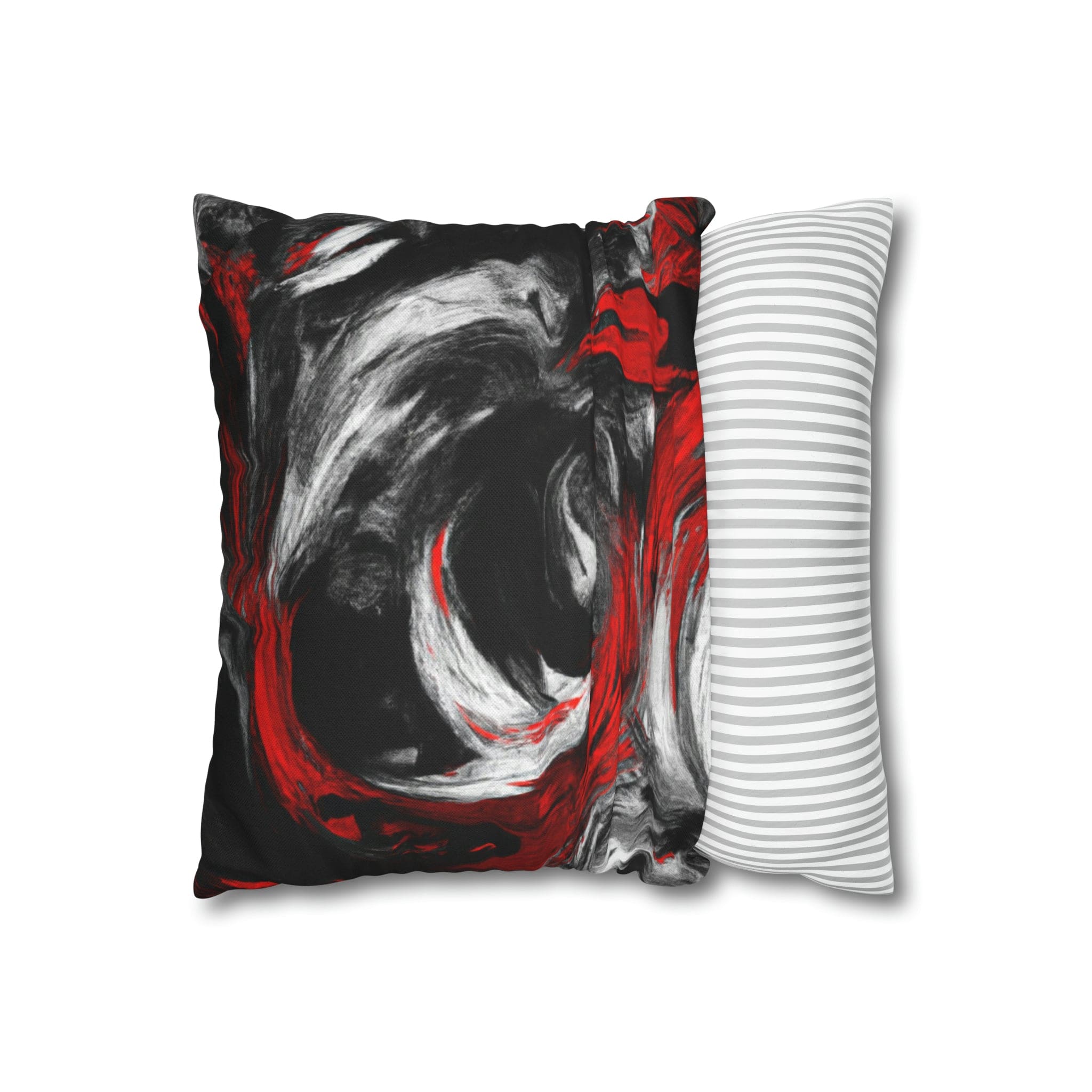 Decorative throw pillow cover featuring a black, red, and white abstract pattern, ideal for enhancing home decor.