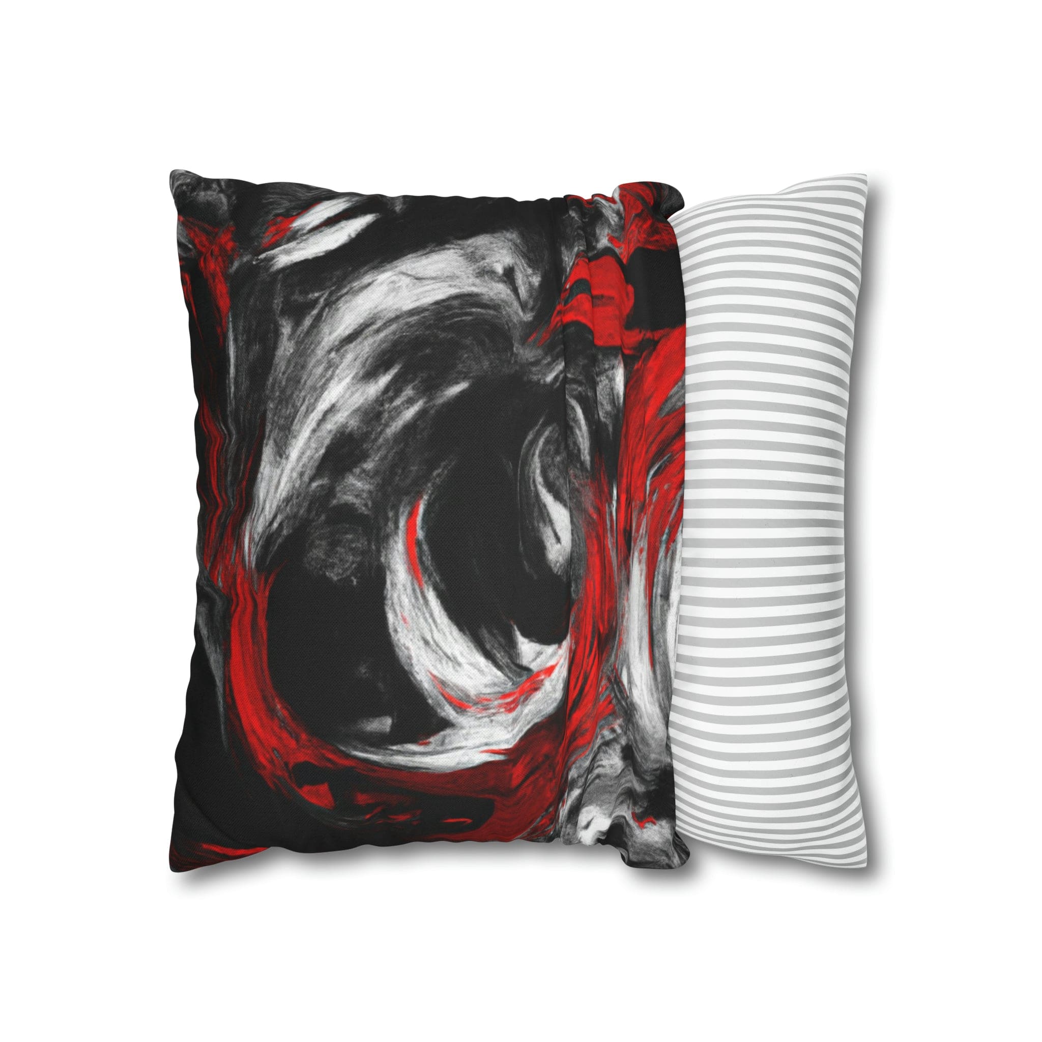 Decorative throw pillow cover featuring a black, red, and white abstract pattern, ideal for enhancing home decor.