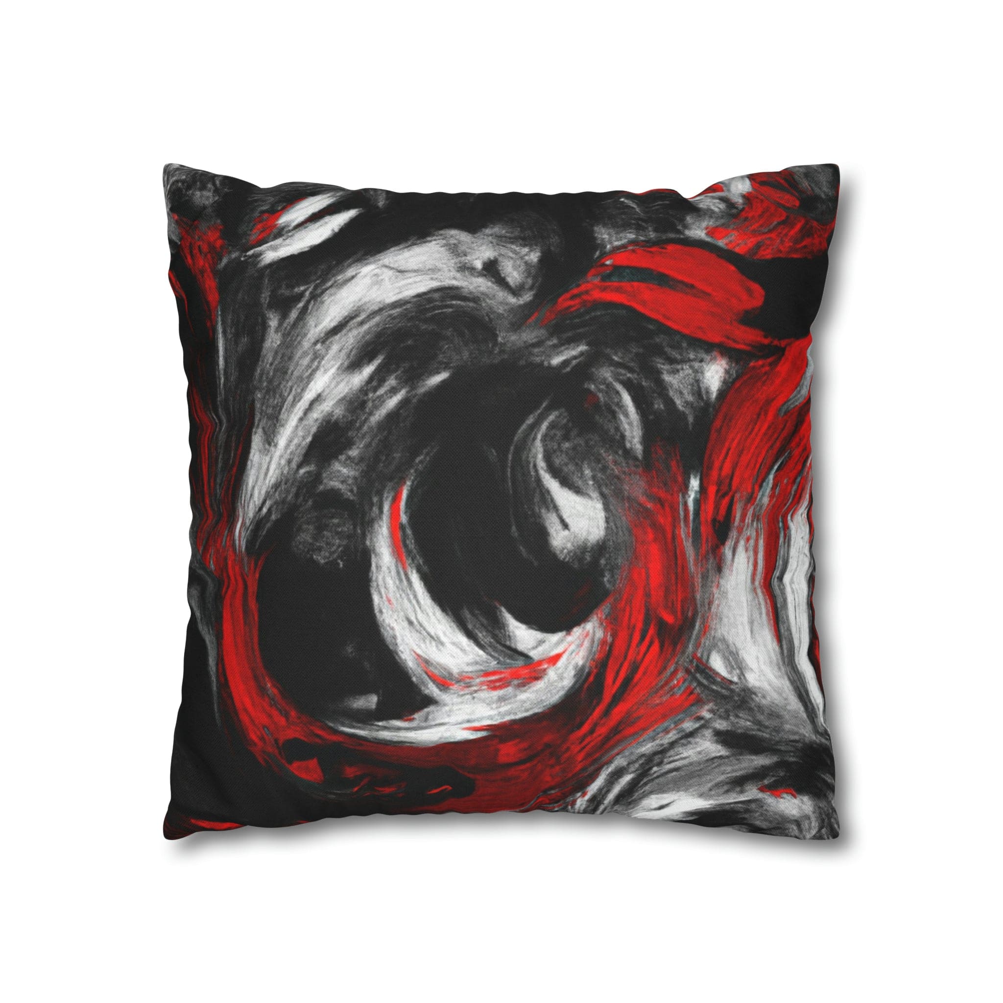 Decorative throw pillow cover featuring a black, red, and white abstract pattern, ideal for enhancing home decor.