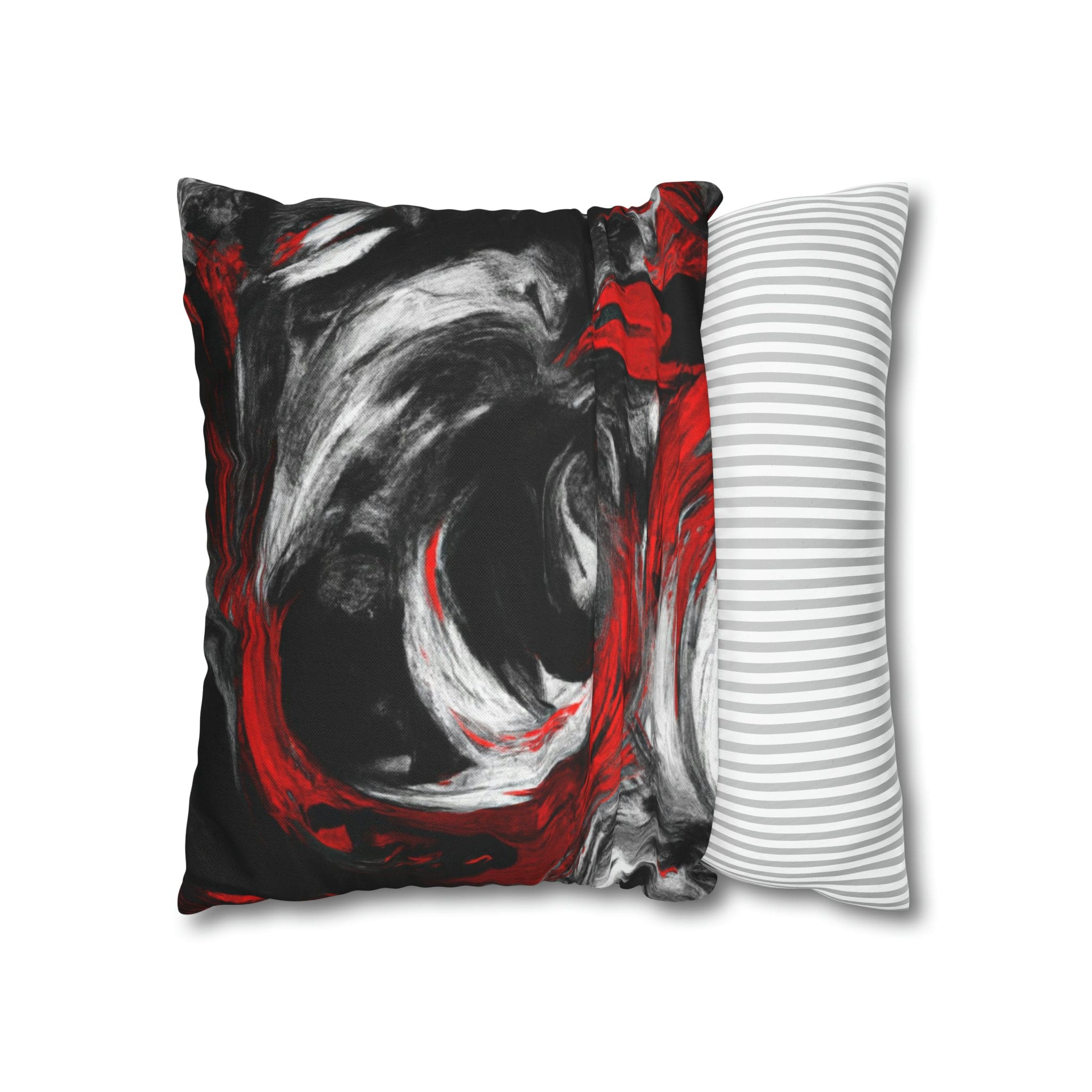 Decorative throw pillow cover featuring a black, red, and white abstract pattern, ideal for enhancing home decor.