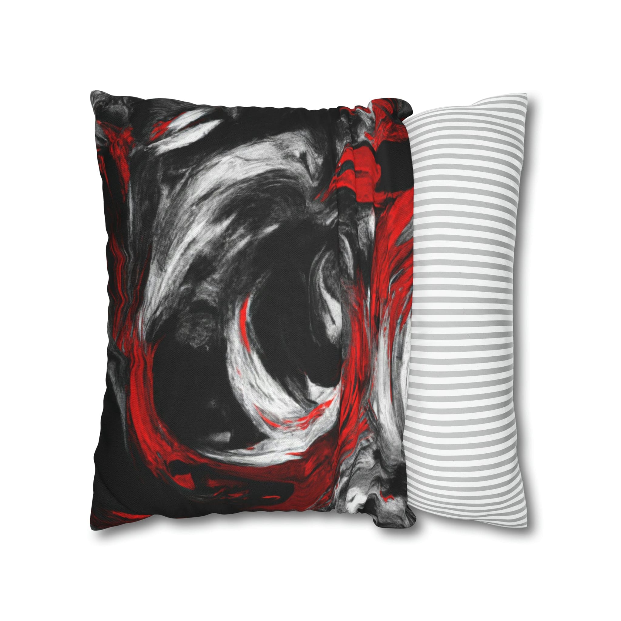 Decorative throw pillow cover featuring a black, red, and white abstract pattern, ideal for enhancing home decor.