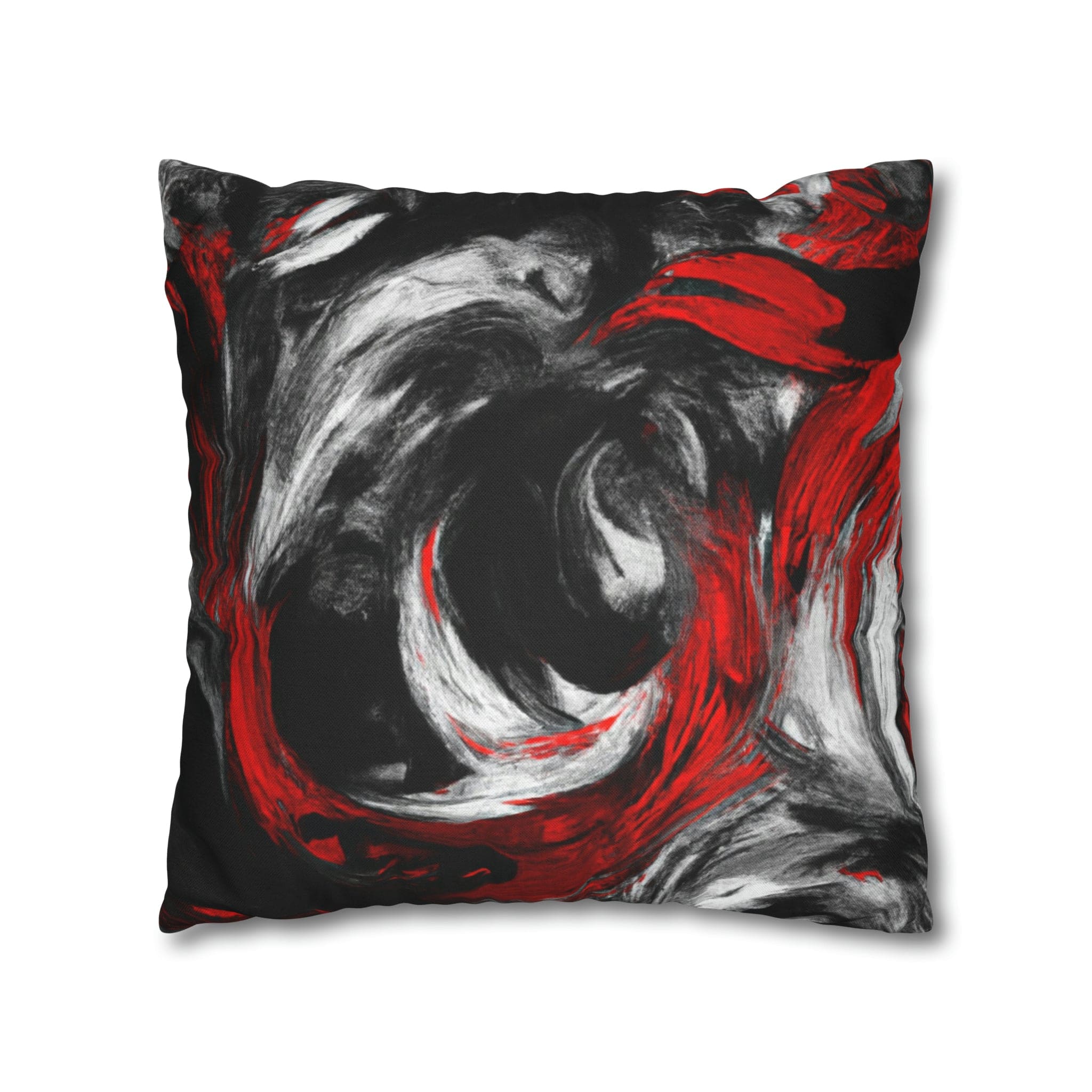 Decorative throw pillow cover featuring a black, red, and white abstract pattern, ideal for enhancing home decor.