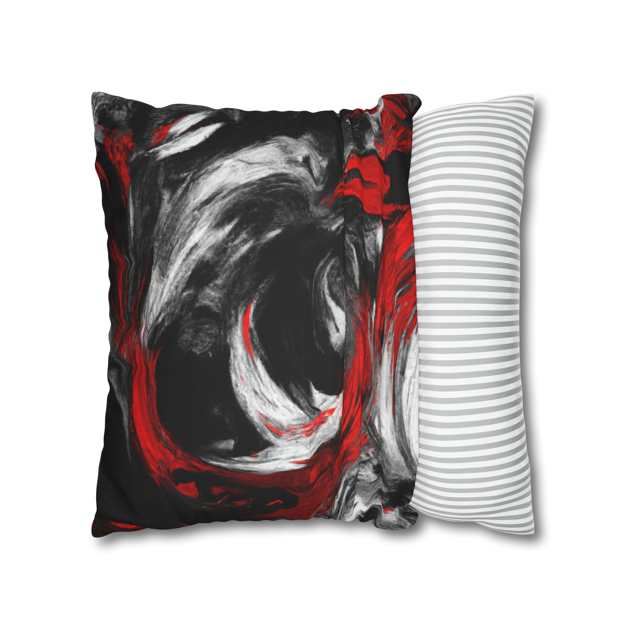 Decorative throw pillow cover featuring a black, red, and white abstract pattern, ideal for enhancing home decor.